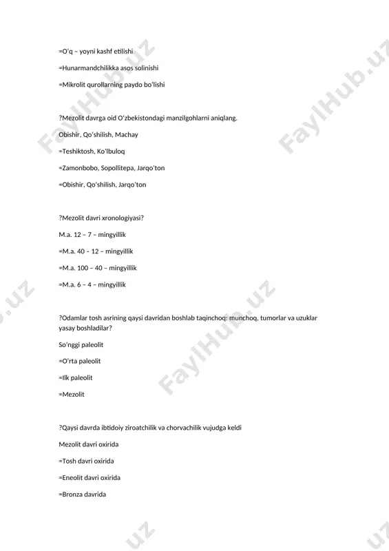 di deya ishonishi =odamlar rasmlar orqali o‘zaro bir-birlari bilan muloqat qilishlari =odamlarning ov vaqtida olgan taassurotlari ?o‘zbekistondagi qaysi qadimgi manzilgoh poleolit davrining barcha bosqichlariga oid madaniy qatlamlariga ega. ko‘lbuloq =selengur =teshiktosh =obiraxmat ?o‘zbekistondagi qadimgi teshiktosh madaniy yodgorligi madaniy qatlamlari soni? 5 ta qatlam =6 ta qatlam =7 ta qatlam =8 ta qatlam ?eng qadimgi odamlarning qoyatosh rasmlarida ov manzaralari tasvirlangan. buning sababi nimada edi? odamlarning rasmlar bo‘lajak ovda o‘zlariga yordam beradi deya ishonishi =o‘zlarini tajribalarini keying avlodlarga qoldirishi =ov qiladigan hayvonlarni bir joyga to‘plash maqsadida =o‘zlarini yovuz ruhlardan saqlaydi deya ishonishi ?arxeologik tadqiqotlar instituti tashkil etilgan yil. 1970 yil =1955 yil =1895 yil =1988 yil ?avstrolopitek suyak qoldiqlarini olimlar qaerdan topib tekshirgan? janubiy afrika =indoneziya =farg‘ona vodiysi =sharqiy afrika ?eng qadimgi odamlarning manzilgohlari yer kurrasining qaysi ko‘pgina hududlaridan topilgan. afrika,osiyo va yevropa =avstraliya, osiyo va afrika =amerika,yevropa va osiyo =afrika, amerika va avstraliya ?eng qadimgi davrda ro‘y bergan buyuk muzlanish …