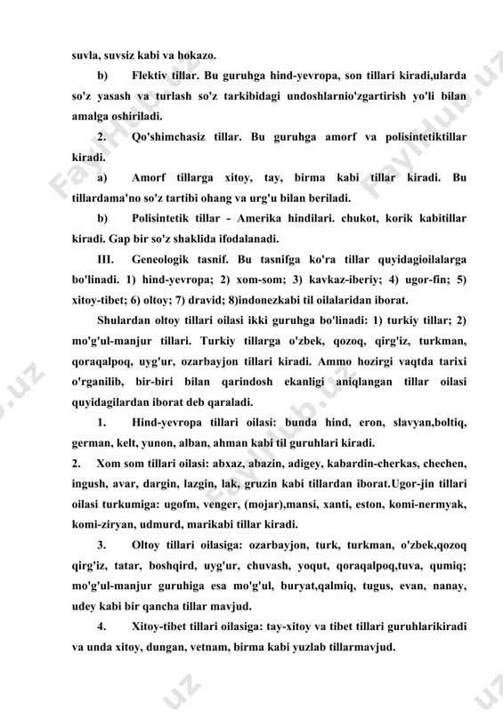 l, buryat,qalmiq, tugus, evan, nanay, udey kabi bir qancha tillar mavjud. 4. xitoy-tibet tillari oilasiga: tay-xitoy va tibet tillari guruhlarikiradi va unda xitoy, dungan, vetnam, birma kabi yuzlab tillarmavjud. 5. dravid tillari oilasiga: tamil, malayalam, kannora, teluguva raxun kabi bir qancha tillar kiradi. 6. indoneziya tillari oilasiga: avstraliya, papua, bantu,paleofika, poleosiyo, chukot, eskimos, amerika hindilari kabitil guruhlari bor. bundan tashqari hech qanday tillar guruhiga kirmagan uzoq sharqdagi yapon, ruykuyu, quriya, ayn, burjaskiy kabi tillar ham borligini aytib o'tish kerak. turkiy tillar haqida tushuncha turkiy tillar oltoy tillar oilasiga mansub bo'lib, bu tilda so'zlashuvchilar son jihatidan slavyan tillaridan ikkinchi o'rinda turadi. turkiy tilda so'zlashuvchi xalqlar ayrim manbalarda 40, ba'zi adabiyotlarda 60-70 tagacha ko'rsatiladi. 1992 yil 4-8 mayda turkiya davlatining poytaxti anqaradabo'lib o'tgan turkiy xalqlarning kongressida tashkiliy qo'mitaraisi ayla qutli turkiy tilda so'zlashuvchi xaldlarining sonini 200million deb e'lon qilgan edi. turkiy tilda so'zlashuvchilar mdx davlatlaridan tashqari turkiya, sharqiy turkiston, yevropa, amerika, afrika, …