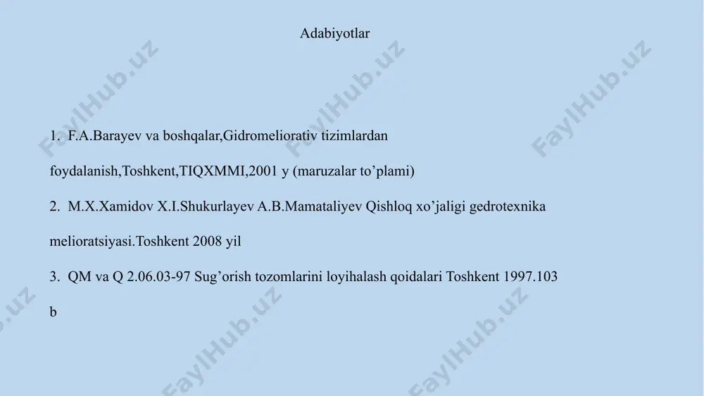 n. ushbu gidromodul tumani uchun g‘o‘zani sug‘orish rejimini “uzgip”mchj tavsiyasi bo‘yicha, kuzgi bug‘doyni sug‘orish rejimini g‘allachilik “iichb” tavsiyasi bo‘yicha qabul qilamiz. “uzgip” institutida qabul qilingan tuproq iqlim tumanlashtirishga ko‘ra o‘zbekiston respublikasining turli xil tabiiy iqlim zonalari uchun maqbul sug‘orish rejimi tavsiya qilingan. qishloq xo‘jaligi ekinlarining sug‘orish rejimi va gidromodul hisobini 3-jadvalda bajaramiz. sug‘orish va keltirilgan gidromoduli qiymatlari qo‘yidagicha aniqlanadi: ekinlarning sug‘orish gidromoduli qiymati (qs) qo‘yidagicha aniqlanadi: , l/s.gа bu yerda: - sug‘orish meʼyori, m3/ga - sug‘orish davri, sutka. sug‘orish gidromoduli- birlik maydonga vaqt birligi ichida bir marotaba sug‘orishi uchun berilgan solishtirma suv sarfi. keltirilgan gidromodul qiymati (q) quyidagicha aniqlanadi: , l/s.gа bu yerda: - har bir ekinning xo‘jalikda ekilgan maydon foizi. keltirilgan gidromodul- shartli 1 gektar maydonga 1 sekundda berilgan solishtirma suv sarfi. 3-jadval. qishloq xo‘jaligi ekinlarining sug‘orish rejimi va keltirilgan gidromodul hisobi. т/р ekinlar nomi sug’orish meyyori m3/gа suv berish davri ko’rsatkichlar oylar ii iii iv v vi vii …
