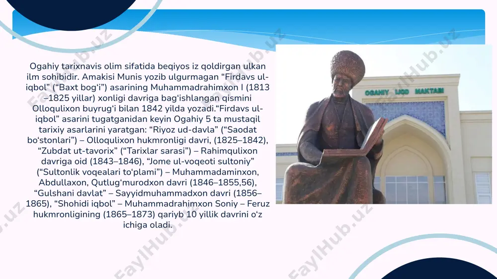 hijron mavzularini kuylagan. 3.2. vatanparvarlik shoir o‘z asarlarida yurtga bo‘lgan muhabbatni, uning ravnaqi va taraqqiyotini tarannum etgan. u tarixiy voqealarga murojaat qilib, yurt tinchligi va barqarorligini kuylagan. 3.3. axloqiy va ijtimoiy motivlar adolat, insoniylik va halollik tushunchalari ogahiy ijodining asosiy tamoyillaridan biridir. u jamiyatdagi nohaqliklarga qarshi chiqib, odamlarni ilm va ma’rifatga chorlagan. 3.4. falsafiy va tasavvufiy qarashlar shoirning ba’zi asarlarida hayotning o‘tkinchiligi, insoniy qadr-qimmat va ma’naviy poklik mavzulari yetakchi o‘rin tutadi. tasavvufiy ruhdagi she’rlarida ollohga bo‘lgan muhabbat va ilohiy haqiqat izhori ko‘zga tashlanadi. 4. xulosa “ogahiy xazinasi – tuyg‘ular anjumani” maqolalar to‘plami ogahiy ijodining mohiyatini ochib beruvchi ilmiy-tahliliy manbadir. uning she’riyati turli tuyg‘ular uyg‘otuvchi, o‘quvchini tafakkur qilishga undovchi boy adabiy merosdir. ogahiy asarlari bugungi kunda ham insoniy qadriyatlarni o‘rgatish, yosh avlodni ma’naviyatga yo‘naltirishda katta ahamiyat kasb etadi. 3- mavzu:istiqlol davrida ogahiyshunoslik mustaqillik davrida o‘zbek adabiyoti va ma’naviyatiga bo‘lgan e’tibor ortdi. xix asrning buyuk adibi muhammad rizo ogahiy ijodi ham yangi …
