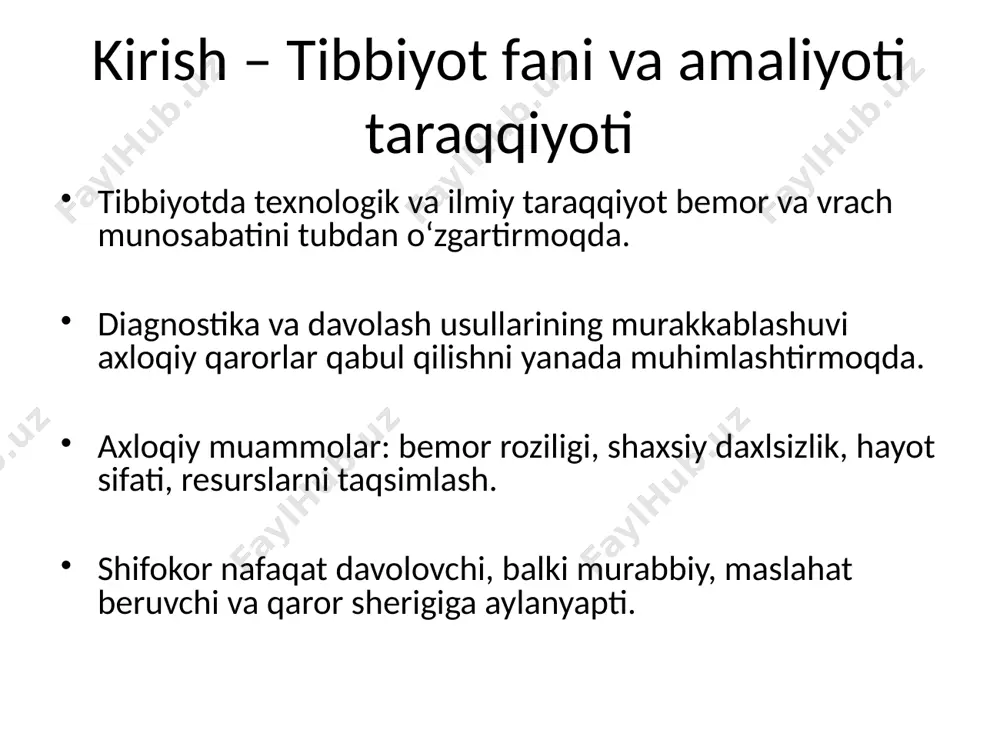 ar bir variantning afzallik va kamchiliklarini baholash 5. eng maqbul variantni tanlas bu model etik muammolarni ratsional, tizimli va tahliliy yondashuv bilan hal etishga imkon beradi. hollander etik modeli muloqot markazli model bo‘lib, bemor va shifokor o‘rtasidagi dialogga asoslanadi. besh asosiy qadriyat: 1. hurmat 2. tinglash 3. tushunish 4. o‘rtoqlik 5. hamkorlikda qaror qabul qilish tibbiy munosabatda ishonch, ochiqlik va hissiy madad asosiy rol o‘ynaydi. ushbu modelda shifokor – mutaxassis emas, hamroh sifatida namoyon bo‘ladi. etik modellar taqqoslanishi (jadval ko‘rinishida) model asosiy yondashuv afzalligi kamchiligi emmanuel printsiplarga asoslangan tez, aniq, asosli kontekstga moslashuv cheklangan shash printsiplar muvozanati holatga keng yondashadi har doim qaror aniq bo‘lmasligi mumkin vitich tahliliy, bosqichma-bosqich dilemmalarni chuqur tahlil qiladi vaqt talab qiladi hollander muloqotga asoslangan bemorni markazga qo‘yadi har doim aniq yechim bermaydi xulosa tibbiyot taraqqiyoti axloqiy masalalarni yanada murakkablashtirdi. etik modellar vrach-bemor munosabatini insonparvarlik asosida yo‘naltiradi. har bir model turli holatlarda samarali bo‘lishi mumkin. zamonaviy …