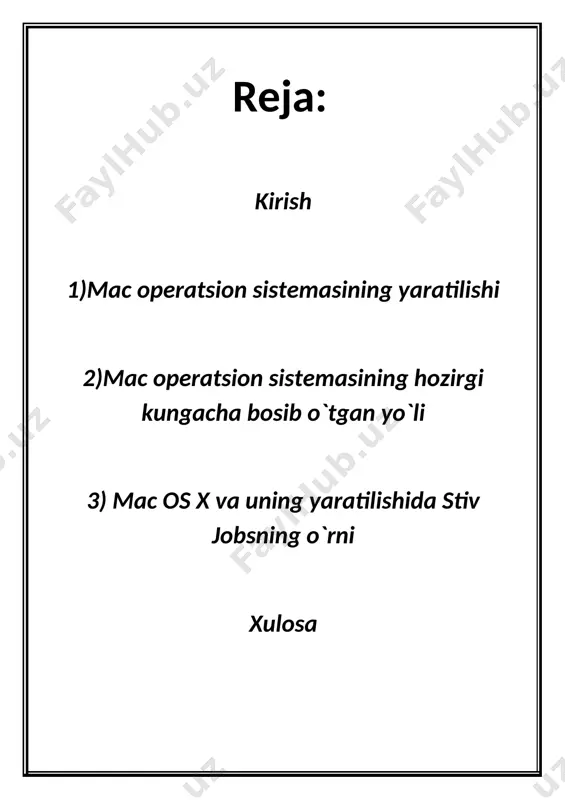 bajaruvchi qurilma ham yaratildi. hali o`sha paytlardanoq bu os keyingi avlod kompyuterlari qanday bo`lishini ko`rsatib bera olgan edi. aslida grafik interfeys haqidagi g`oya mac os yaratuvchilari tomonidan o`ylab topilmagan, ular xerox firmasidagi kompyuterda ko`rib, unga qo`shimchalar kiritib o`zlarining ixtirolari sifatida dunyoga tanitishgan. xerox kompaniyasining axborot markazida grafik interfeys bilan ishlovchi yagona kompyuter bo`lib, ishchilar undan faqat o`z maqsadlari yo`lida foydalanishgan va ommaviy foydalanish uchun tarqatishni o`ylab ko`rishmagan. shunday qilib, mac os 1 atigi 216 kilobaytli floppy diskda joylashgan va uning normal holatda ishlashi uchun 128 kilobaytli (tasavvur qilyapsizmi!) operativ xotira yetarli bo`lgan. eng qizig’i, bu operatsion sistemani boshqa kompyuterga shunchaki nusxalab, ko`chirib qo`yilsa ham u hech qanday xatosiz ishlay olgan. bu sistema juda ham oddiy va sodda ko`rinishda bo`lgan: uning faoliyati uchun 2–3 ta fayl yetarli bo`lib, ular maxsus “system folder” papkasiga joylashtirilgan. bu katalogdagi eng qiziqarli papkalar “extensions” va “control panels” bo`lib, birinchisida har xil sistemali kengaytmalar, bibliotekalar, qurilmalarning …