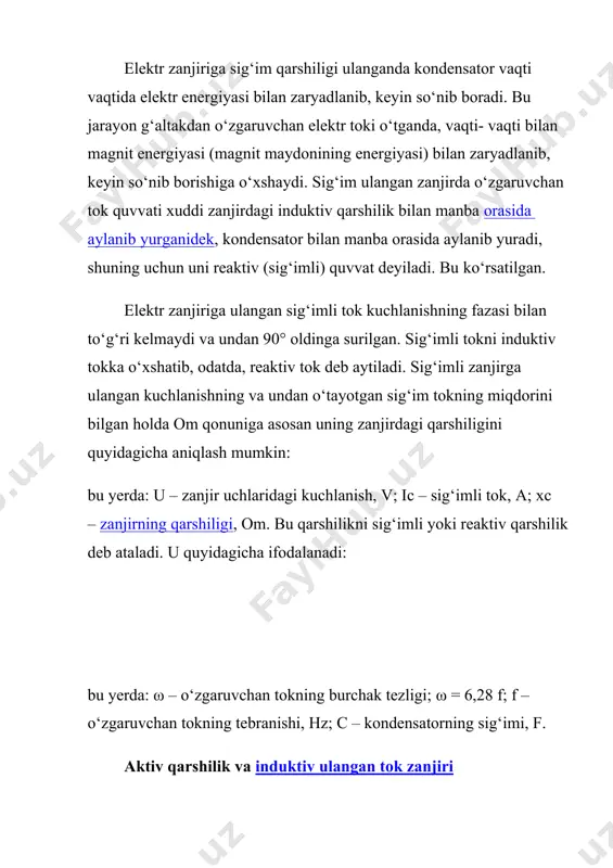 qarab fazalar orasidagi burchak har xil bo‘lishi mumkin. agarda o‘zgaruvchan tok zanjirida aktiv qarshilik bo‘lsa, tok bilan kuchlanish fazalari bir-biriga to‘g‘ri keladi. agarda elektr zanjiriga faqat induktiv qarshilik ulangan bo‘lsa, elektr tok fazasi bilan kuchlanish fazasi orasida 90° li burchak hosil bo‘ladi, ya’ni tok kuchlanishdan 90° ga orqada qoladi. agarda elektr zanjiriga aktiv va induktiv qarshiliklar ulangan bo‘lsa, elektr toki fazasi bilan kuchlanish fazasi orasida ma’lum burchak hosil bo‘ladi, ya’ni tok kuchlanishdan ma’lum burchakka orqada qoladi zanjirga ulangan kuchlanish va undan o‘tayotgan to‘liq tok orqali to‘liq quvvatni quyidagicha aniqlanadi: generator rotorining bir minutdagi aylanishi quyidagi formula bo‘yicha topiladi: bu formuladan ma’lumki, generatorda o‘zgaruvchan tokning chastotasi rotorning aylanish tezligi o‘zgarishi bilan o‘zgaradi. rotor qanday chastota bilan aylansa, magnit maydonining yig‘indisi ham shunday chastota bilan aylanadi. shuning uchun ham bunday mashina sinxron generator deb ataladi. 1.48-rasmda sinxron generatorning tuzilish sxemasi ko‘rsatilgan. sinxron generatorlar turbo, gidro va dizel generatorlarga bo‘linadi. тurbogeneratorlar bug‘ yoki …