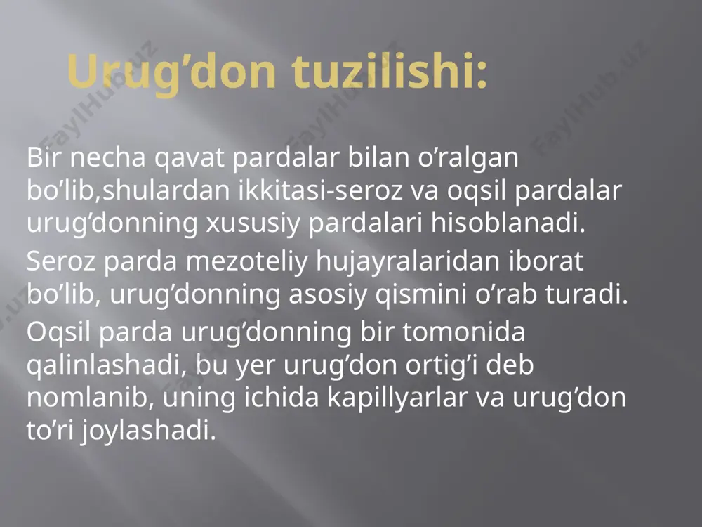 piteliy bilan qoplangan. urug’don ortig’i boshcha, tana va dum qismlardan iborat. boshchasi 12-15ta egri-bugri urug’ olib boruvchi naylardan iborat. urug’ olib boruvchi nayning diametri 0,6mm va uzunligi 4-6mm ga teng. epitelial hujayralar ostida biriktiruvchi to’qimadan iborat xususiy parda yotadi, so’ngra muskul parda joylashadi. urug’don ortig’ining nayi ikki qatorli epiteliy bilan qoplangan. bu epiteliy ikki xil hujayralardan iborat: 1)apikal yuzasida stereotsiliylar tutuvchi, o’zining erkin yuzasi bilan jinsiy qoplamaning tekis yuzasini hosil qiluvchi baland prizmatik hujayralar; 2)mayda oraliq hulayralar o’z yadrolarining joylashuviga ko’ra ikki qatorli epiteliyning pastki qatorini hosil qiladi. prostata bezi prostata bezi urogenial sinus murtagidan rivojlanib, siydik chiqaruv kanaliga ochiladi. bu a’zo mushakli bez hisoblanib, uning bez qismi alveolalar, sekretor bo’limlar va naylar sistemasidan iborat. mushak tutamlari biriktiruvchi to’qima tutamlari bilan birgalikda bezni 30-50 ta bez bo’laklariga bo’ladi.bezning oxirgi sekretor bo’limlari kubsimon epiteliy bilan qoplangan hujayralarning sitoplazmasi esa sekret hosil bo’ lishiga qarab donador yoki to’rsimon bo’ladi. bu hujayralar ikki …