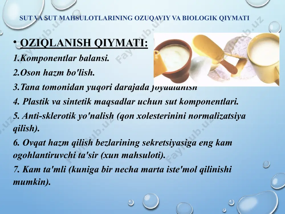 taminlar a, d, e, k c, b guruhi, rr, foliy,pantotenik kislota, biotin 6 sutning epidemiologik ahamiyati 1. ovqatdan zaharlanish. 2. gijjalar invaziyalari. 3. yuqumli ichak kasalliklar (dizenteriya, salmonellyoz). 4. sil kasalligi. 5. zoonoz infektsiyalar (oyoq va og'iz kasalliklari, brutselloz). sut mahsulotlarni ishlab chiqarish: sut va sut mahsulotlari ishlab chiqarish sanoati sut va pishloq mahsulotlari, sarig‘ yog‘ va konservalari ishlab chiqarish kabi asosiy tarmoqlarga ega. sut mahsulotlari ishlab chiqarish tarmog‘i aholini turli pasterizatsalangan va sterilizatsiyalangan sut va qaymoq, achitilgan sut mahsulotlari, sariyog‘, pishloq, muzqaymoq bilan ta‘minlaydi. oxirgi yillarda sut va sut mahsulotlarining yangi assortimentini ishlab chiqarishga e‘tibor berilmoqda. buning uchun sut mahsulotlari ishlab chiqarish korxonalarini rekonstruksiyalash, ularni yangi, takomillashgan texnika va texnologiyalar bilan boyitishga qaratilgan amaliy ishlar olib borilmoqda. sut va sut mahsulotlari ishlab chiqarish texnologiyasini rivojlantirish –yangi fizik usullarini qo‘llash yo‘li bilan amalga oshirilmoqda. sutning hosil bo‘lishi sut sigirning yelimida hosil bo‘ladi.sgir telimida to‘rtta:ikkita oldingi va ikkita keyingi so‘rg‘ichlar mavjud. …