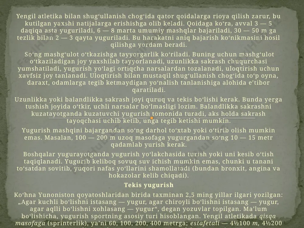 a o‘g‘il bolalar va qizlar uchun eng yuqori natijalar quyidagicha qayd etilgan. o‘g‘il bolalarda 100 m ga yugurish bo‘yicha rekord natija anvar kuchmurodovga (10,50 soniya, elektron hisoblagich); qizlar o‘rtasida ludmila lapshina (11,85 soniya) ga tegishli. jismoniy tarbiya darslarida 2½30, 2½20, 60 m yoki 100 m masofalarga (1,2,3 o‘quvchi) oddiy sekundomer o‘lchovi asosida yuguriladi. bir necha darsdan keyin dastlab 30 m ga, 2 — 3 darsdan keyin 60 — 100 m ga yugurish me’yorlari topshiriladi. pastki start — tez yugurib ketish uchun qulay bo‘lgan dastlabki holat. pastki startdan yugurish uchun tayanch, chuqurcha yoki start g‘o‘lachalari (kolodka)dan foydalaniladi. „start“ komandasi berilganda: — tiz cho‘kib, qo‘llarga tayaniladi, bir oyoq tizzasi yerga tegib turadi, ikkinchi oyoq tayanchda (kolodkada) turadi; — qo‘llarni yelka kengligida qo‘yib, yerga tayaniladi, bosh barmoqlar ichkariga qaratiladi, qo‘llar to‘g‘rilanadi, tana og‘irligi qo‘l va tizzaga bir xilda tushadi. bosh egiladi va start chizig‘iga qaraladi (29-a rasm). a „diqqat“ komandasi berilganda orqada turgan …