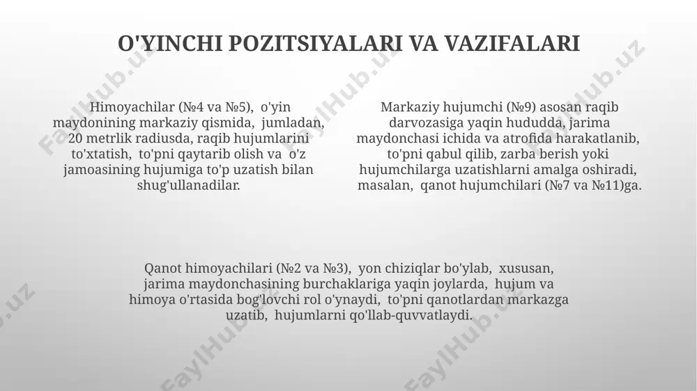 , tezkor hujumlar va samarali himoyani birlashtirishi mumkin, bu esa andijon kabi shaharlarda keng tarqalgan. samarqanddagi tajribali mini-futbol jamoalari, 4 nafar himoyachi va 1 nafar hujumchidan iborat 4-1-0 sxemasidan foydalanib, o'z maydonlarida qarshi hujumlar uyushtirib, hujumga o'tishdan oldin 2 ta o'zaro pas berishni afzal ko'radilar. mini-futbol o'yinida muvaffaqiyatli hamkorlikning kaliti – 3-4 soniya ichida aniq paslar va pozitsiyaning tez o'zgarishi, bu esa raqibni chalkashtirib, toshkentdagi musobaqalarda yuqori natijalarga erishishga yordam beradi. mini-futbol o'yinida himoya taktikasi himoya chizig'ining chuqurligi va kengligi, raqibning hujum uslubiga qarab 7-10 metr oralig'ida o'zgarishi, jumladan, qanot himoyachilarining pozitsiyasi muhim hisoblanadi. mini-futbol o'yinida 2-3 nafar himoyachi 5 metrlik hududni qoplashga harakat qilib, raqibning uzun uzatishlariga to'sqinlik qilishi va tezkor hujumlarni oldini olish uchun zonalarni belgilashi kerak. to'pni yo'qotishdan keyin darhol 4-2-3-1 sxemasiga o'tish va markaziy himoyachilarga to'pni tezkor tarzda qaytarish orqali hujumni boshlash, samarqand mini-futbol jamoalarida keng qo'llaniladi. e'tiboringiz uchun rahmat @taqdimot_robot image1.png image2.png image3.png