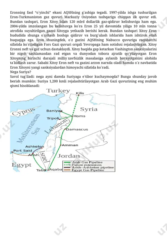 tirilgan (shu bilan birga liviya,iroq, livan, somali, sudan va eronga ham) edi. suriyaning arab gazi quvurlar tarmog`ida tutgan markaziy roli esa nega aynan suriya nishonga olinilayotganini anglab yetishda kalit vaziasini o`taydi. xuddi tolibon unocol quvurlari tranziti uchun ko`p xaq talab qilgandan keyin xujumlarga uchragani kabi, assad ham ishonchli “o`yinchi” sifatida ortiq ko`rilmay qo`yilgani uchun “boshi balodan chiqmayapti”. parokanda bo`lib borayotgan suriya o`zining yaqin ittifoqdoshlari eron, rossiya va xitoyning ham kuchsizlanishiga sabab bo`lmoqda. aynan turkiya, isroil va aqsh suriya orqali gaz oqimi o`tishini istashadi va suriya hukumati bu yo`lda to`g`anoq bo`lishiga yoda katta ulush talab qilishiga chidab turisha olmaydi. parokanda bo`lib borayotgan suriya o`zining yaqin ittifoqdoshlari eron, rossiya va xitoyni ham kuchsizlanishiga sabab bo`lmoqda. pepe eskobar ayni vaqtdagi global geosiyosiy tendensiyalarni nima harakatlantirib turayotganini xulosa qiladi: "mana biz erondan to tinch okeangacha cho`zilgan ulkan energetik jang maydonida nimalar bo`layotgani haqida gapiryapmiz. bu yerda shuningdek, yevroosiyo boshqaruvini qo`lga olish uchun ham “suyuqlik” …