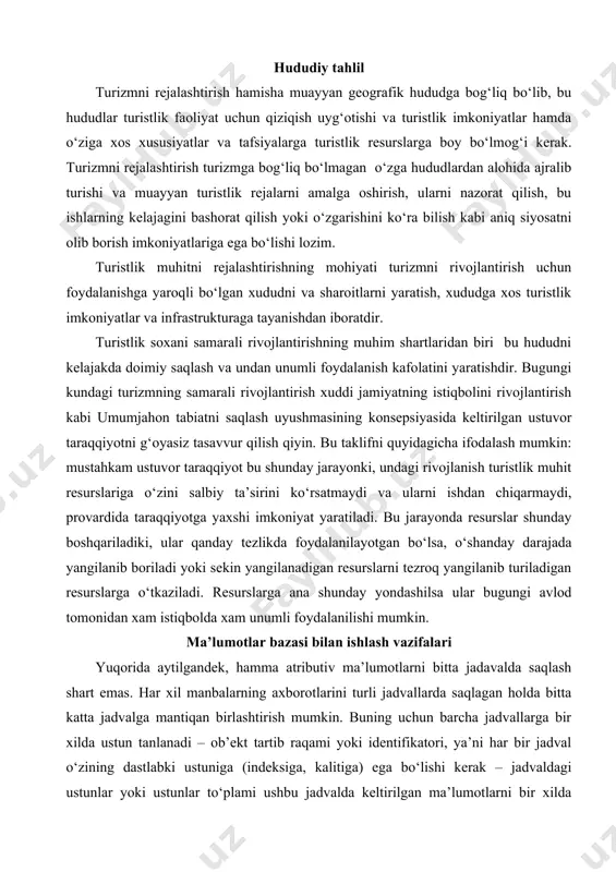 shi mumkin. ma’lumotlar bazasi bilan ishlash vazifalari yuqorida aytilgandek, hamma atributiv ma’lumotlarni bitta jadavalda saqlash shart emas. har xil manbalarning axborotlarini turli jadvallarda saqlagan holda bitta katta jadvalga mantiqan birlashtirish mumkin. buning uchun barcha jadvallarga bir xilda ustun tanlanadi – ob’ekt tartib raqami yoki identifikatori, ya’ni har bir jadval o‘zining dastlabki ustuniga (indeksiga, kalitiga) ega bo‘lishi kerak – jadvaldagi ustunlar yoki ustunlar to‘plami ushbu jadvalda keltirilgan ma’lumotlarni bir xilda ta’riflab boshqalardan farqlaydi. jadvallar orasidagi bog‘lanish birinchi jadvalga ikkinchi jadvaldagi indeks qiymatiga ega bo‘lgan ustunni qo‘shish bilan hosil qilinadi. shu sababli xohlagancha katta hajmli ma’lumotlarni maxsus dasturiy vositalar yordamida birlashtirish imkoniyati yaratiladi. yozuvlarni tanlash, ularni guruhlash, birlashtirish, saralash, shuningdek, foydalanuvchi talabiga binoan ma’lumotlar bazasida izlashdek o‘ta dolzorb ishlarni bajarish imkoni paydo bo‘ladi. bular esa foydalanuvchiga katta qulayliklar yaratadi, chunki ma’lumotlar bazasini qayta qurish talab qilinmaydi, faqatgina dastlabki jadvallardan birini yangilash talab qilinadi, xolos. mantiqiy aloqadorlik quyidagicha amalga oshiriladi - bir jadvaldagi …