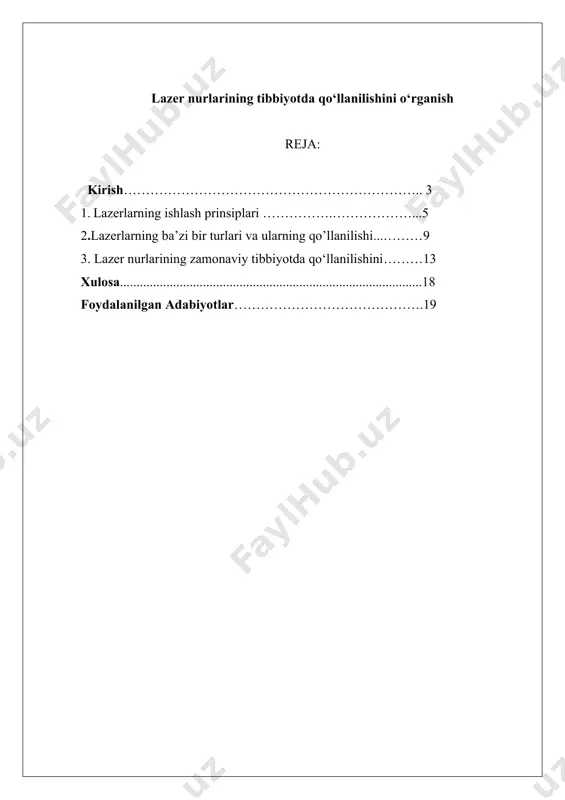 riallarni lazer materiallar deyiladi yoki ularni faol (aktiv) moddalar deb ataladi. faol muhit sifatida yoqut kristali (rubin) ishlatiladigan lazer 1960 yil yaratildi. keyingi kashfiyotlarda neon ne va geliy he gazlari arlashmasi qo’llaniladigan lazer (1960 y), neodim nd^+3 ionlari qo’shilgan silikat shisha qo’llanilgan lazer (1961y), yarimo’tkazgich birikma kalsiy-mishyakli caas kristallari qo’llanilgan lazer (1962 y), anorganik suyuqlikdagi neodim eritmasi selenoksixlorid seocl2 va organik bo’yoq eritmalari ishlatiladigan lazerlar (1966 y) yaratildi. 1974 yilga kelib faol moddalar (lazer materiallar) soni 200 ga yetgan edi[1]. o’ta stabil lazerlar chastotalar optik satandartining asosidir, lazer seysmografi, gravimetrlar, aniq fizik priborlar asosi hisoblanadilar. chastotasini o’zgartirib sozlanadigan lazerlar (bo’yoq moddali lazerlar) spektroskopiyada inqilobiy o’zgarishga olib keldi. ular spektroskopiyada ajrata olish qobilyatini kuchaytirishga, usullar sezgirligini orttirishga asos bo’lib, xatto alohida atom spektrini olishga imkon yaratdilar (lazer spektroskopiyasi, nochiziqli spektroskopiya va boshqalar) . lazer lokatorlar atmosfera turli qatlamlarida ifloslanishni aniqlash va ularni bartaraf etish va boshqarishga yordam beradi, ta’sir tezligini aniqlash,atmosfera …