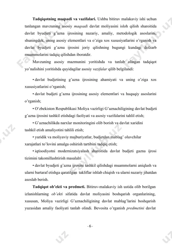 dasturlarini ishlab chiqishda foydalanilishi mumkin. bitiruv-malakaviy ishining tarkibi va tuzilishi. bitiruv-malakaviy ishi kirish, o‘z ichiga beshta paragrafni qamrab olgan uch bob, xulosalar hamda foydalanilgan adabiyotlar ro‘yxatidan iborat. bitiruv-malakaviy ishining kirish qismida tanlangan mavzuning dolzarbligi, ishning maqsadi va vazifalari, ishning ob’ekti, predmeti, nazariy va amaliy ahamiyati bayon etilgan. bitiruv-malakaviy ishining birinchi bobida davlat budjeti g’azna ijrosining ahamiyati, uning uziga hos hususiyatlari va tashkiliy elementlari o‘rganilgan. bitiruv-malakaviy ishining ikkinchi bobida davlat budjeti gazna ijrosining amaldagi tartibi va uning holati tahlil etilgan. bitiruv-malakaviy ishining uchinchi bobida iqtisodiyotni modernizatsiyalash sharoitida davlat budjeti gazna ijrosi tizimini takomillashtirish masalalari tadqiq etilgan. bitiruv-malakaviy ishining xulosa qismida mavzu doirasida shakllangan asosiy xulosalar va takliflar tizimi keltirilgan. i-bob. davlat budjeti g’azna ijrosining ahamiyati, uning uziga hos hususiyatlari va tashkiliy elementlari 1.1. davlat budjetining g’azna ijrosining ahamiyati va uning o’ziga xos xususiyatlari bugungi kunda mamlakatimizda olib borilayotgan budjet siyosatining asosiy yo‘nalishlari–budjet taqchilligini boshqarish va uni tartibga solish, budjet mablag‘larini sarflashda …