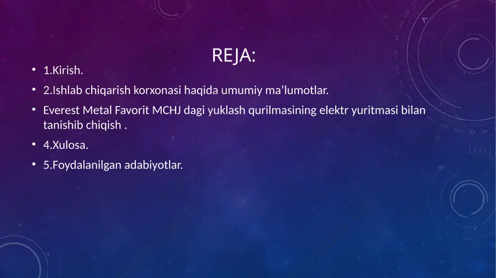 ishiga olib kеldi. elеktr enеrgiyasidan iqtisodiyotning barcha sohalarida (sanoat, transport, qishloq xo‘jaligi va kundalik turmushda) foydalanilmoqda. shuning uchun ham unga bo‘lgan talab to‘xtovsiz ortib bormoqda. ishlab chiqarish korxonasi haqida umumiy maʼlumotlar. mas’uliyati cheklangan jamiyat shaklidagi “everest metal favorit” zavodi 2010 yil 10 iyun oyida asos solingan. masʼuliyat cheklangan jamiyat shaklidagi “everest metal favorit” koʻrinishdagi korxonasi oʻzbekiston respublikasi prezidentining 2010-yil 28-oktabrdagi pp-1213 raqamli buyrug‘iga asosan tashkil qilingan (oʻzbekiston respublikasining 2010 yilgi dasturiga kiritilgan.“everest metal favorit” korxonasi turli xildagi metallarni ishlab chiqaruvchi korxona hisoblanadi. bundan tashqari, korxonada ikkilamchi bozorda sotish uchun va mahallaliy tadbirlarkorlar uchun ham maxsulot yetkazib beradi. everest metal favorit korxonasida tayor hom ashyoni yuklash va tyshirish uchun 16 tonnalik havozalik krandan foydalaniladi. bu korxonada xozirgi vaqtda 160 dan ortiq ishchi xodimlar ish yuritib kelmoqda.korxonaning huquqiy nomi everest metal favorite mchj bolib everest metal grant va everest asbest kabi boshqa everest brendlari bilan bir sanoat guruhni tashkil etadi. eksport faolyati …