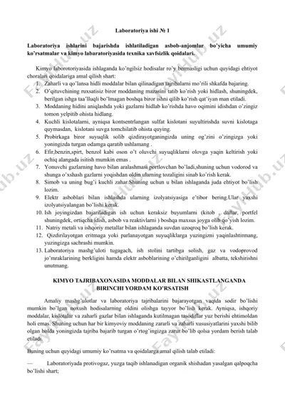 kimyo laboratoriyasida ishlatiladigan jihozlar ustida ishlash — DOCX