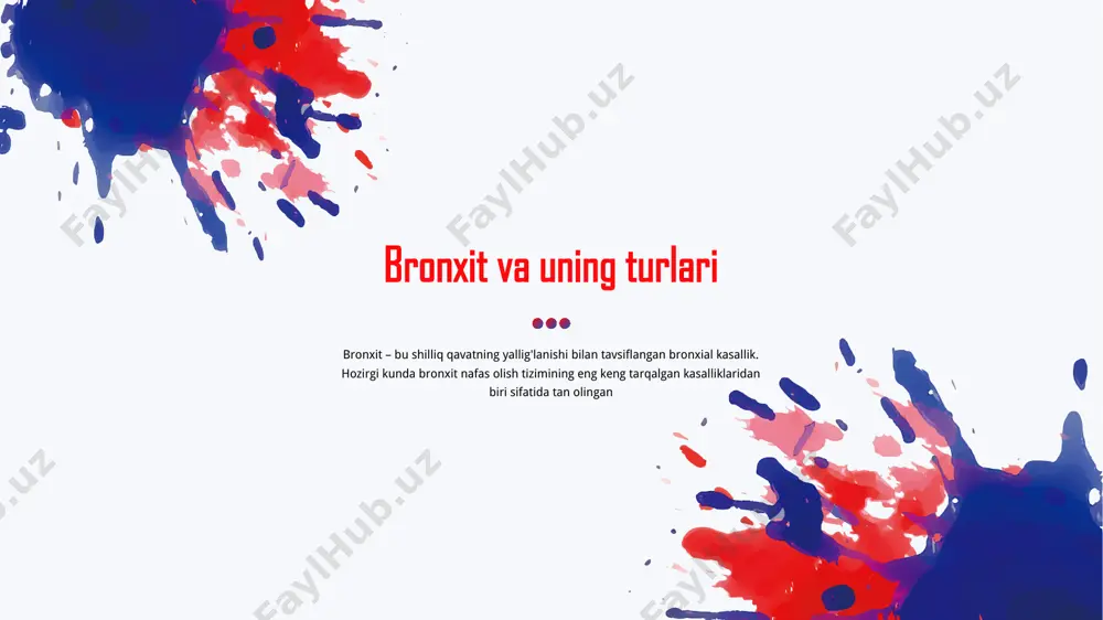 volash va oldini olish bronxit kasalligini davolash va oldini olish bo’yicha tafsiyalar 3 bronxit – bu shilliq qavatning yallig'lanishi bilan tavsiflangan bronxial kasallik. hozirgi kunda bronxit nafas olish tizimining eng keng tarqalgan kasalliklaridan biri sifatida tan olingan bronxit va uning turlari bronxit – bronxlar shilliq qavatining yallig ʻ lanishidir. bronxlar – inson nafas olish tizimidagi eng muhim qismlaridan biri. inson nafas olganda havo halqum va traxeya (kekirdak) lardan o ʻ tadi, so ʻ ngra bronx tizimiga tushadi va o ʻ pkalarga kislorod yetib boradi. inson nafas chiqarganda o ʻ pkada almashgan gazlar (karbonat angidrid gazi) bronxlar orqali, so ʻ ng traxeyadan o ʻ tib qayta tashqi muhitga chiqariladi. bronxlar yuzasi shilliq va sezgir kiprikchalar bilan qoplangan. bu tuzilmalar bronxlarga tushgan har qanday moddalarni tashqariga chiqarishda ishtirok etadi. shunday qilib bronxlar o ʻ tkazuvchanligi biror bir salbiy omil natijasida buzilsa, bu nafas olish jarayoniga salbiy ta ʼ sir etadi, natijada organizmning …