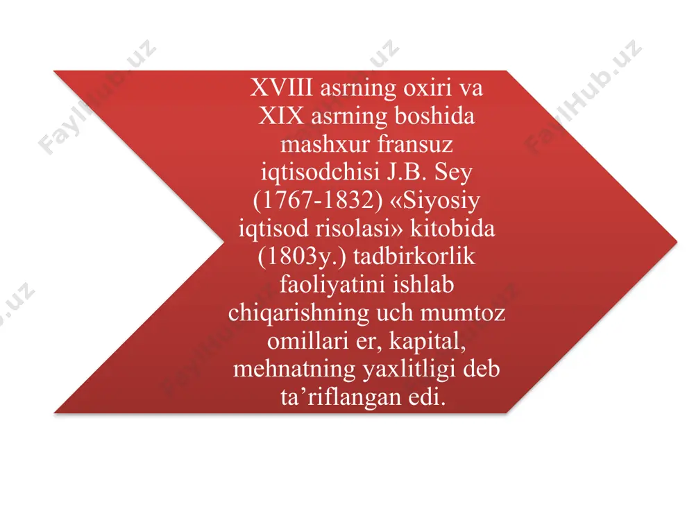 'zining ijtimoiy maqomi va obro’sini oshirishga intilish hamda o'ziga va o'z yaqinlariga munosib turmush sharoitlarini ta’minlash «tadbirkorlik» tushunchasi tadbirkorning ensiklopedik lug’atida quyidagicha ta’riflanadi: tadbirkorlik shaxsiy daromad, foyda olishga qaratilgan fuqarolarning mustaqil faoliyati. bu faoliyat o'z nomidan, o'z mulkiy mas’uliyati va yuridik shaxsning yuridik mas'uliyati evaziga amalga oshiriladi. tadbirkor qonun tomonidan ta’qiqlanmagan barcha xo'jalik faoliyati, shu jumladan, vositachilik, sotish, sotib olish, maslaxat berish, qimmatbaho qog’ozlar bilan ish olib borish bilan shug’ullanishi mumkin. tadbirkorlik shaxsiy va ijtimoiy foydalarni ko'zlagan holda daromad olish uchun sarflanayotgan mablag’ bilan bog'liq faoliyatdir. xulosa qilib aytadigan bo'lsak, tadbirkorlikning muhim xususiyatlariga quyidagilar kiradi xo'jalik faoliyati olib borаyotgan subektlarning mustaqilligi va erkinligi iqtisodiy manfaatdorlik xo'jalik tavakkalchiligi va mas'uliyat huquqiy me’yorlar chegarasida har bir tadbirkor у yoki bu masala yuzasidan mustaqil qaror qabul qilishi mumkin tadbirkorlikning asosiy maqsadi maksimal darajada daromad olishni ko'zlab, jamiyat taraqqiyotiga ham o'z xissasini qo’shishdir har qanday hisob-kitobda ham noaniqlik va tavakkalchilik bo'lishi mumkin 2. kichik …