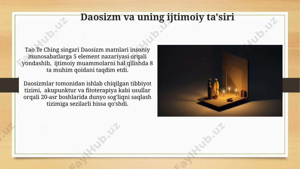 жланишга ҳам ижобий таъсир кўрсатади. sharq falsafasi va ekologik muammolar sharq falsafasining tabiatga hurmat va muvozanat tamoyillari, masalan, daosizm va buddizmning 5 element nazariyasi, ekologik muammolarni bartaraf etishda muhim rol o'ynashi mumkin. ekologik inqirozning ildizi sifatida iste'molchilik va materializmni tanqid qiluvchi konfutsiylik va buddizm kabi sharq falsafalari, davomiy rivojlanish uchun alternativ modellarning paydo bo'lishiga sabab bo'ladi. sharq falsafasi va kelajak sharq falsafasi, ayniqsa konfutsiylik va buddizm kabi oqimlar, 2 milliarddan ortiq insonning hayot tarziga va axloqiy qarashlariga ta'sir etgan global ta'lim tizimlarini yaratgan. kelajakda sharq falsafasining ekologik muammolarni hal qilishga, barqaror rivojlanishga va 7 milliarddan ortiq global aholining turmush sifatini yaxshilashga qo'shishi mumkin bo'lgan hissasi katta ahamiyatga ega. konfutsiylik va ijtimoiy taraqqiyot konfutsiylikning davlat boshqaruvi tizimiga ta’siri natijasida xitoyda 2000 yildan ortiq davom etgan mustahkam byurokratik apparat shakllangan va bu ijtimoiy hayotning barcha sohalariga ta’sir ko'rsatgan. konfutsiylik ta’limoti 5 asosiy munosabatlar (ota-ona va farzand, hukmdor va xalq, er va xotin, …