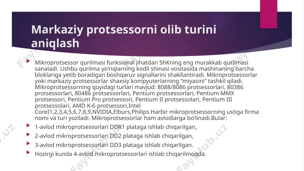 adi. markaziy mikprotsessorning sovutish tizimi bilan tanishish markaziy mikprotsessorning sovutish tizimi mikprotsessorni qizib ketishi oldini olib turuvchi qurilma hisoblanadi. mikprotsessorning sovutish tizimining ostida radiator joylashga.radiatorning vazifasi sovuq havoni yaxshi o’tkazganligi uchun o’rnatiladi. mikprotsessorning sovutish tizimi kompyuterimiz uchun eng kerakli qurilma hisoblanadi chunki mikroprotsessor qizib ketsa kompyuterimiz o’chib qoloishi yoki mikprotsessorimiz ishdan chiqishi mumkin.shuning uchun mikroprotsessor doimo sovuq holatda bo’lishi kerak.mikroprotseesorning ustiga termopasta surilgan bo’ladi. termopasta termopastaning vazifasi kullerdan kelgan sovuq havoni yaxshi o’tkazib berganligi uchun surtib qo’yiladi. mikprotsessorning ustiga termopasta, termopasta ustiga radiator va kuller o’rnatiladi.hozirgi zamonaviy kompyuterlarda mikprotsessorning sovutish tizimi zamonaviylashib bormoqda.hozirga kunda mikprotsessorning sovutish tizimi suv orqali ham sovutilmoqda buning uchun o’zining mahsus qurilmalari kerak bo’ladi. tizimli blokning tarmoq quvvat bloki(blokpitaniya) elektr ta’minot blokining vazifasi oson + 12 v, - 12v doimiy tok “sof” kuchlanishini otkazishi kerak. elektr ta’mirlash blok yoqilgandan song o‘zi beruvchi signalni nazorat qilib, kerakli sathda kuchlanish stabillashgandan so‘ng tizim platadagi power-gool signalini yuboradi. mikroprotsessor …