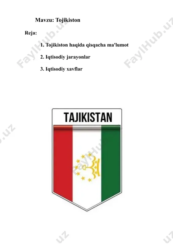 yetishtirish, asosan, mamlakatning asosiy eksport mahsulotidir va qishloq xo‘jaligi eksportining katta qismini tashkil etadi. biroq, tojikiston paxta ishlab chiqarishda qo‘shni davlatlar bilan raqobatlashmoqda. shuningdek, bug‘doy, guruch, mevalar, sabzavotlar va poliz ekinlari ham keng tarqalgan. paxta yetishtirish va uni qayta ishlash tojikistonning asosiy eksport manbaidir. biroq, so‘nggi yillarda paxta ekinlarini diversifikatsiya qilish va ekologik qishloq xo‘jaligini rivojlantirishga qaratilgan harakatlar kuchaymoqda. · sanoat sektori: tojikistonning sanoat sektori hali ham nisbatan kichik, ammo mamlakatda sanoatni rivojlantirish uchun katta imkoniyatlar mavjud. tojikiston foydali qazilmalar, jumladan, oltin, ko‘mir, olmos va boshqa minerallar bilan boy. mamlakatda metallurgiya, to‘qimachilik, qurilish materiallari va oziq-ovqat sanoati kabi sohalarda kichik sanoat tarmoqlari mavjud. ayniqsa, gidroenergetika sektori uchun katta salohiyat mavjud, chunki tojikiston dunyoning eng yirik gidroelektr stansiyalaridan ba'zilariga ega. tojikiston ko‘plab daryolariga ega, bu esa uni qayta tiklanuvchi energiya manbalari sohasida muhim o‘ringa qo‘yadi. · xizmatlar sektori: xizmatlar sektori tojikiston iqtisodiyotida nisbatan kichik, lekin o‘sayotgan sohalardan biridir. bu sektorda savdo, …