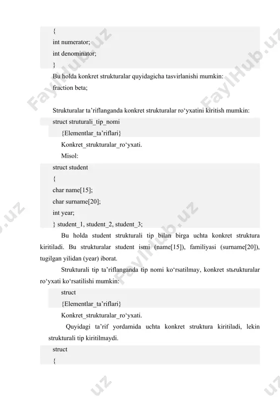 ; c.real=a.real+b.real; c.imag=a.imag+b.imag; return c; } strukturalar uchun xotiradan joy ajratish. struktura uchun ajratilgan joy xajmini quyidagi amallar yordamida aniqlash mumkin: sizeof (strukturali_tip_nomi); sizeof (struktura_nomi); sizeof struktura_nomi. oxirgi holda struktura nomi ifoda deb karaladi. ifodaning tipi aniqlanib, xajmi hisoblanadi. misol uchun: sizeof (struct goods) sizeof (tea) sizeof coat murakkab tiplar ya’ni massivlar va strukturali tiplar uchun xotiraga talab ularning ta’rifiga bog‘liqdir. masalan double array[10] ta’rif xotiradan 10*sizeof bayt joy ajratilishiga olib keladi. struct mixture { int ii; long ll; char cc[8]; }; bu ta’rif har bir struct mixture tipidagi ob’ekt xotirada sizeof(int)+sizeof(long)+8*sizeof(char) bayt joy egallashini ko‘rsatadi. ob’’ekt aniq xajmini quyidagi amal hisoblaydi: sizeof(struct mixture) xotirani tekislash. strukturali tip kiritilishi bu tip uchun xotiradan joy ajratilishiga olib kelmaydi. har bir konkret struktura (ob’ekt) ta’riflanganda, shu ob’ekt uchun elementlar tiplariga qarab xotiradan joy ajratiladi. xotiradan joy zich ajratilganda struktura uchun ajratilgan joy xajmi har bir element uchun zarur bo‘lgan xotira xajmlari yigindisiga …