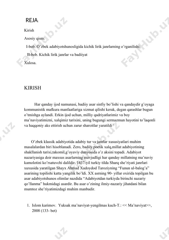 ’jaz janrlari sanalmish qit’a, fard, ruboiy kabilar haqida ham ma’lumotlar keltiriladi. masalan, qit’aning avvalgi misrasida qofiya bo’lmaydi va ikki baytdan iborat bo’ladi degan holda mavlono lutfiy, ibn yamin, xoji kindiy, mirzo boysung’ur kabi turkiygo’y shoirlarning qit’alaridan ma’lumotlar keltiriladi. ahmad taroziy ruboiy xususida fikr yuritib “ruboiy to’rt misra bo’lur, avvalgi ikkinchi, uchinchi va to’rtinchi misralarida qofiya keltirurlar.uchinchi misra ixtiyordir ”- deb aytadi va o’zining ruboiysidan namuna keltiradi: husningiz shamina jon parvonadur, zulfingizga aql-u dil devonadur. chunki jodu ko’zlaring mastonadur, ul sabotin manzilim g’amxonadur. alisher navoiy ham turkiy she’riyatida “ruboiya” atamasini qo’llaydi. shuningdek, “mezon ul-avzon” asarida ruboiyni “dubaytiy” va “tarona” atamasi bilan ham qo’llagan. alisher navoiyning ruboiy janri haqidagi fikrlarini zahiriddin muhammad bobur o’zining “muxtasar ”asarida yanada rivojlantiradi. “bilgilki ruboiykim dubaytiy va tarona ham derlar…” degan holda uning vaznini belgilaydi. ahmad taroziy ruboiy (hissiy) va musarraf (tarona) navlari haqida so’z yuritish bilan birga, uning yana bir turini keltiradi. “va ruboiyning yana bir …