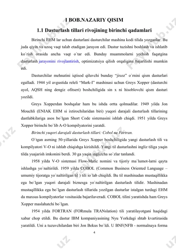 h tili sifatida tuzilgan. bu tilda dasturlashning yorqin tomonlari ochib berilgan. amaliyotda keng qo`llanilishi shaxsiy kompbyuterlarda turbo pascal versiyasidan boshlangan. c (“si”) dasturlash tili operatsion tizimlarni ishlab chiqish uchun yaratilgan. u unix operatsion tizimi bilan bir vaqtda yaratilgan. ushbu unix operatsion tizimi va dasturlash tilining mualliflari amerikalik dasturchilar dennis richi va kennet tompsonlardir. dastlab kennet tompson unix operatsion tizimini fortran tilida yozgan. keyinchalik s tili ishlab chiqilgandan so`ng, 1973 yilda operatsion tizimning yadrosi yordamchi dasturlar(utilita programmalar)i bilan s tilida qayta yozildi. bu yuqori darajali tarkibli (strukturniy) dasturlash tilidir. bugungi kunda bu til nafaqat operatsion tizimlar, balki translyatorlar, tizimli va amaliy dasturlar ishlab chiqishda qo`llaniladi. sun`iy intelekt tillari o`tgan asrning 90-yillarida “sun`iy intelekt” nomli beshinchi avlod kompyuterlari ishlab chiqarilishi rejalashtirilgandi. bu ishni asosiy dasturlash tillarida amalga oshirish amri mahol edi, shu sababli loyihada sun`iy intelekt tillari sifatida lisp va prolog tillari tanlandi. lisp dasturlash tili (1956-1959 yillar) asoschisi jon makkarti bo`lib, …