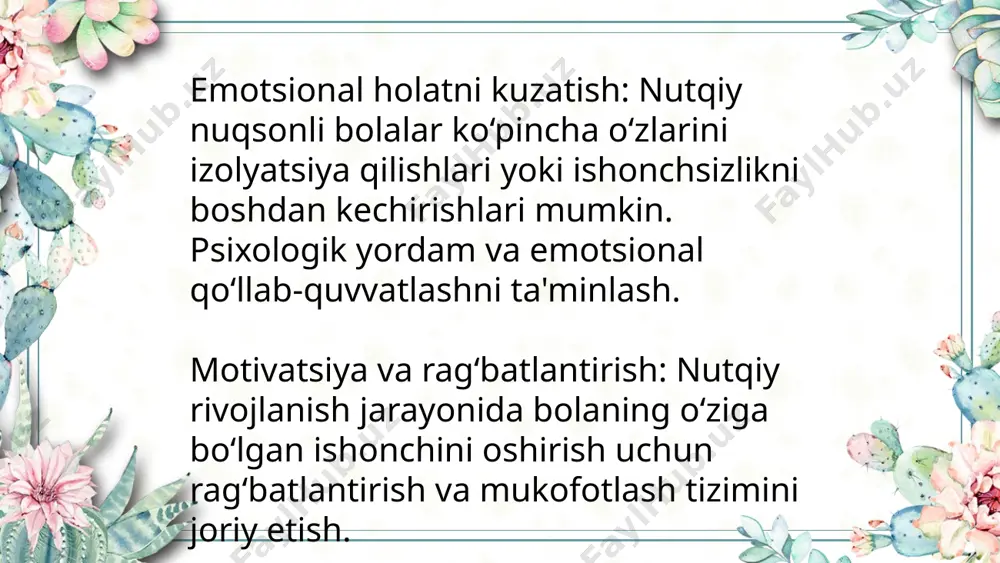 hni aniqlik bilan chiqarishni o‘rganish, bolaning nutqiy nuqsonlarini kamaytirishga yordam beradi. so‘z boyligini rivojlantirish: nutqni boyitish, yangi so‘zlar va iboralar o‘rganish orqali bolaga to‘g‘ri va aniq so‘zlashni o‘rgatish zarur. nutqni baholash va tahlil qilish: nutq terapevti tomonidan qilingan tahlil natijalari, bolaning nutqiy rivojlanishini aniqlashga yordam beradi. bu jarayon muntazam ravishda olib borilishi kerak. artikulyatsiya va ovoz chiqarish mashqlari: nutqning to‘g‘ri va aniq bo‘lishi uchun bu mashqlar juda muhim. har bir tovushni aniqlik bilan chiqarishni o‘rganish, bolaning nutqiy nuqsonlarini kamaytirishga yordam beradi. so‘z boyligini rivojlantirish: nutqni boyitish, yangi so‘zlar va iboralar o‘rganish orqali bolaga to‘g‘ri va aniq so‘zlashni o‘rgatish zarur. nutqni baholash va tahlil qilish: nutq terapevti tomonidan qilingan tahlil natijalari, bolaning nutqiy rivojlanishini aniqlashga yordam beradi. bu jarayon muntazam ravishda olib borilishi kerak. artikulyatsiya va ovoz chiqarish mashqlari: nutqning to‘g‘ri va aniq bo‘lishi uchun bu mashqlar juda muhim. har bir tovushni aniqlik bilan chiqarishni o‘rganish, bolaning nutqiy nuqsonlarini kamaytirishga yordam …