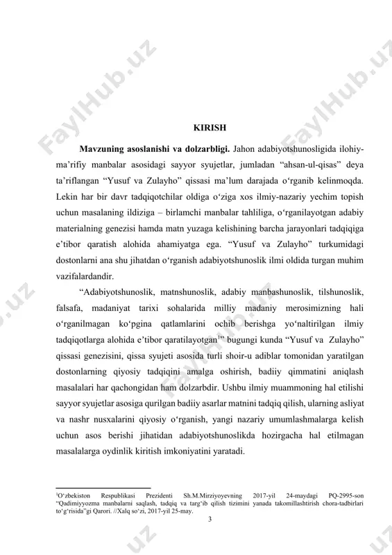 asoslash. tadqiqotning ilmiy yangiligi quyidagilardan iborat: “yusuf va zulayho” turkumidagi dostonlarning genezisi ilohiy kitoblarga hamda folklorga asoslanishi xalqning eʼtiqodi, axloqiy qarashlari, ishqiy-sarguzasht dostonlarga qiziqishi va talabi bilan bogʻliq ekani ilmiy dalillangan; “yusuf va zulayho” turkumidagi dostonlar yaxlit tizim sifatida oʻrganilib, obrazlar silsilasi va matn poetikasi masalalari ilmiy-nazariy jihatdan yoritilgan. mavzu bo‘yicha adabiyotlar tahlili. “yusuf va zulayho” qissalarini oʻrgangan xorijlik olimlar, xususan, f.vigouroux “bibliyada falastin, misr va ossuriyadagi kashfiyotlar”[footnoteref:2], a.p.lopuxin “yaqinda oʻtkazilgan tadqiqotlar va kashfiyotlar asosida injil tarixi”[footnoteref:3], ya.a.bogorodskiy “ilohiy kitobdagi ulugʻlardan yusuf haqida”[footnoteref:4], jeyms kugel “potifar xonadonida”[footnoteref:5] kitoblarida uning ildizlarini, ayrim kichik lavhalarni hisobga olmaganda, asosan, ilohiy kitoblar bilan bogʻlaganlar. ye.yaroslavskiy, f.sulaymonova tadqiqotlarida ushbu turkum dostonlar genezisi tavrotga bogʻlanadi[footnoteref:6]. ye.e.bertels tadqiqotlarida forsiy va turkiy tillardagi yusufnomalar, ulardagi obrazlar poetikasi masalalari oʻrganilgan[footnoteref:7]. x.g.korogli asarlarida turkiy tilda yaratilgan yusufnomalar tahlilga tortilgan[footnoteref:8]. ibn sinoning “yusuf qissasi” asari yuzasidan ham bir qator tadqiqotlar yaratilgan[footnoteref:9]. ergashali shodiyevning “hoziq kulliyoti” maqolasida shoir hoziqning ayni mavzudagi dostoni …