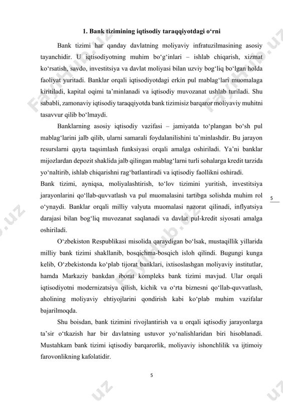 uqiy asosda olib boriladi. bilvosita ta’sirlar: pul-kredit siyosati vositasi sifatida ishlatilishi – markaziy banklar orqali tijorat banklariga qo‘yiladigan cheklovlar (rezerv normasi, foiz stavkalari) iqtisodiy faollik darajasiga ta’sir qiladi. inflyatsiya va narx barqarorligiga ta’siri – banklar kredit siyosati orqali talab va taklif muvozanatiga ta’sir ko‘rsatadi, bu esa inflyatsiyani nazorat qilishda muhim hisoblanadi. sarmoyalarni iqtisodiyotning ustuvor sohalariga yo‘naltirish – banklar o‘zlarining kredit siyosatlari orqali energiya, sanoat, qishloq xo‘jaligi kabi ustuvor tarmoqlarga kapital oqimini ta’minlaydi. shu sababli, zamonaviy iqtisodiyotni barqaror rivojlantirishda bank tizimi “moliyaviy yurak” vazifasini o‘taydi, ya’ni u orqali butun iqtisodiyotga “pul oqimi” taqsimlanadi. taraqqiy topgan davlatlar tajribasi shuni ko‘rsatadiki, barqaror va samarali ishlaydigan bank tizimisiz iqtisodiy yuksalishga erishish deyarli mumkin emas. masalan: germaniya – bu davlatda banklar “universal banklar” sifatida faoliyat yuritib, ishlab chiqaruvchilar bilan uzoq muddatli hamkorlik asosida faoliyat yuritadilar. tijorat banklari sanoat korxonalari ustidan nazorat huquqiga ega bo‘lishi mumkin. aqsh – erkin raqobatga asoslangan bank tizimi mavjud bo‘lib, banklar …