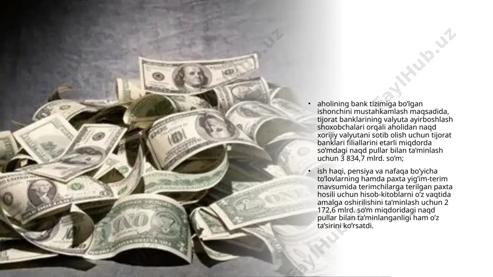 bank» 158 46 atib «ipoteka-bank» 120 60 atb «mikrokreditbank» 91 30 atb «agrobank» 152 100 atb «turonbank» 26 7 jami 1661 500 banklarning hizmat turlari o’zbekiston respublikasi tiklanish va taraqqiyot jamg’armasining ulushini shakllantirish va oshirish hisobiga yo’naltirilayotgan mablag’lar, birinchi navbatda, 2017-2018 yillarda hududlarni ijtimoiy-iqtisodiy rivojlantirish va tadbirkorlik sub’ektlarini moliyaviy qo’llab-quvvatlashning tasdiqlangan manzilli dasturlarini moliyalashtirishga (birgalikda moliyalashtirishga) sarflanishi belgilandi. etiboringiz uchun raxmat image1.jpeg image2.jpeg image3.jpeg image4.jpeg image5.jpeg image6.jpeg image7.png image8.jpeg image9.png image10.jpeg /docprops/thumbnail.jpeg