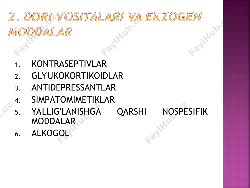 rak kasalliklarida kuzatiladigan sag: glomerulonefrit pielonefrit buyrak amiloidozi diabet nefropatiyasi a) akromegaliya – gipofiz adenomasi ta'sirida ko'p miqdorda bo'y o'stiruvchi somatotrop gormon (stg) – somatodin s ishlab chiqariladi. adenoma “turk egari”ni shikastlaydi – butunligini buzadi (rentgenogrammada, kt, mrt da ko'rinadi) klinikasi: qonda stg, fosfor miqdori ko'payadi, giperkalsiyuriya b) feoxromositoma – buyrak usti bezi miya qavatining o'smasi – katexolaminlar ko'p ajraladi. ag kriz harakterida, sababi katexolaminlar qonga ko'p miqdorda nomuntazam ajraladi. xuruj 1 soatdan kamroq davom etadi: jismoniy zo'riqishda, siydik chiqarilganda, qorinni chuqur paypaslaganda kuchayadi. bosh og'rig'i taxikardiya oriqlash abdominal sindrom – og'riq, dispepsiya, qabziyat, giperglikemiya, kriz vaqtida qonda katexolamin miqdori yuqori. tashxislash: skanirlash, ut tekshiruvi, kt c) isenko-kushing kasalligi – bez po'stlog'ining giperplaziyasi yoki o'smasi: bezdan ko'p miqdorda glyukokortikoid (11 oks) ajraladi. ad oshishi, semirish, uyquchanlik. qonda – giperglikemiya, 11-oks ko'payadi. d) tireotoksikoz - tiroksin, triyodtironin ko'p ajraladi. qalqonsimon bez kattalashadi ko'z alomatlari – oftalmopatiya – ekzoftalm taxikardiya, ad - …
