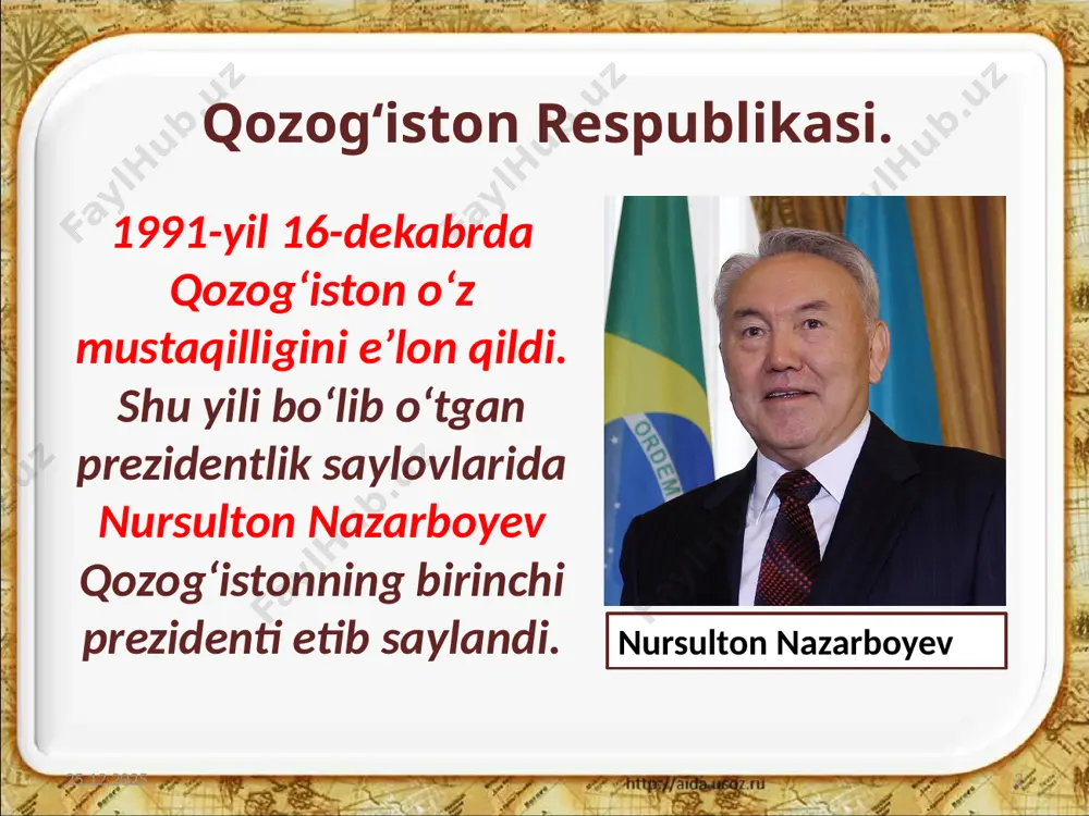 chuqurlashib bordi, umumxalq prezidentlik saylovlari o‘tkazilib, unda asqar akayev g‘olib chiqdi. asqar akayev 2011-yil oktabrda bo‘lib o‘tgan saylovlarda qirg‘iziston sotsial-demokratik partiyasi yetakchisi almazbek atambayev prezident etib saylandi. 13.09.2019 12 almazbek atambayev qirg‘iziston oltin qazib chiqarishda mdhda rossiya va o‘zbekistondan keyin uchinchi o‘ringa chiqdi. 13.09.2019 13 2017-yil oktabrda o‘tkazilgan prezidentlik saylovlari natijasiga ko‘ra, hukmron sotsial-demokratik partiya vakili sooronbay jeenbekov g‘alaba qozondi. 13.09.2019 14 sooronbay jeenbekov savol va topshiriqlar 1. mustaqillik yillarida qozog‘iston iqtisodiyoti asosan qaysi sohalar hisobiga rivojlandi? 2. g.berdimuhamedov prezident etib saylangandan so‘ng turkmanistonning ichki siyosatida qanday o‘zgarishlar yuz berdi? 3. tojikistonda fuqarolar urushi qanday oqibatlarga olib keldi? 4. nima uchun qirg‘izistonda a. akayev prezidentligi davri norozilik va inqilobga olib keldi? 13.09.2019 15 image2.png image3.jpeg image4.jpeg image5.jpg image6.emf image7.jpeg image8.jpeg image9.jpeg image10.jpeg image11.jpg image12.jpeg image13.jpeg image14.emf image15.emf image16.png image17.jpeg image1.jpeg