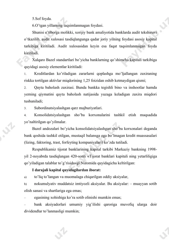 ilik aksiya egalarining birlashgan korxonalar aksiyadorlik hisob-varaqlaridagi ulushi. bu ulush sho’ba korxonalari hisobvaraqlari bank moliyaviy hisobotlarida umumlashtirilganda va bank ulushi bunday korxonalar kapitalining 100 foizdan kam qismini tashkil qilganda vujudga keladi. f) bankning ustav kapitalidagi valyuta qismiga teng bo’lgan valyuta ak- tivlarini qayta baholanish hisobiga tashkil etilgan devalvatsiya zaxirasi. ii darajali kapital tarkibi esa quyidagilardan iborat: a) joriy yildagi sof foyda; b) riskni hisobga olgan holda aktivlar summasining 1,25 foizi va hisob- kitoblardan so’ng i darajali 100 foizli kapitaldan oshmagan miqdordagi umumiy zaxira; c) hisob-kitoblardan so’ng i darajali 100 foizli kapitaldan oshmagan miq- dorda aralash turdagi majburiyatlar i darajali kapitalga kiritilmagan aralash turdagi majburiyatlar, jumladan, imtiyozli aksiyalar agarda ular quyidagi shartlarga javob bersalar, ii darajali kapitalga kiritilishi mumkin: · to’liq to’langan bo’lishi kerak; · garov bilan ta’minlanmagan; · bank tugatilganda ularga doir talablar bank depozitorlari talablari qondi-rilganidan so’ng qondirilishi; · aksiya egasining tashabbusi bilan va oldindan olingan markaziy bank ruxsatisiz …