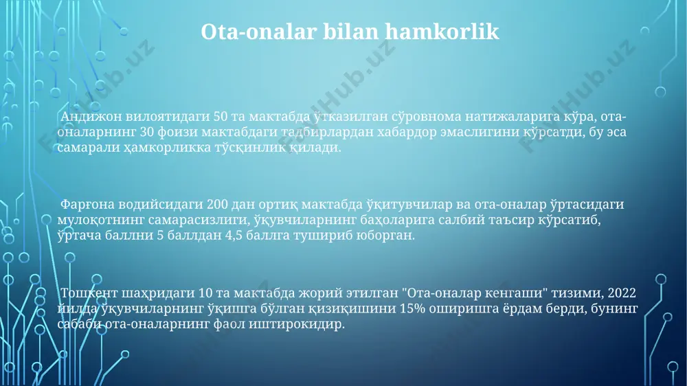 етодикасининг замонавий бўлмаслиги билан боғлиқ. sinflardagi o'quvchilar soni qoraqalpog'iston respublikasining qishloq hududlaridagi maktablarda sinflardagi o'quvchilar soni o'rtacha 20-25 atrofida bo'lsa-da, ba'zi maktablarda bu raqam 30 dan oshadi, bu esa ta'lim sifatiga salbiy ta'sir ko'rsatadi. toshkent shahri maktablarining ba'zilarida sinflar 35 dan ortiq o'quvchilarni qabul qilmoqda, bu esa o'qituvchilarning har bir o'quvchiga etarli e'tibor berishiga to'sqinlik qilmoqda. samarqand viloyatining ma'lum tumanlarida bir sinfda 40 ga yaqin o'quvchi bo'lgan maktablar mavjud, bu esa o'quv jarayonini murakkablashtirib, individual yondashuvni qiyinlashtiradi. e'tiboringiz uchun rahmat @taqdimot_robot image1.png image2.png image3.png image4.png image5.png