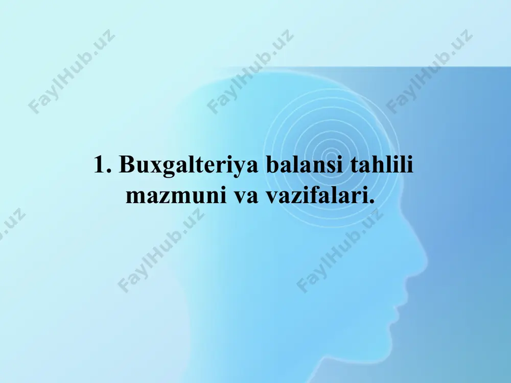 i ochib beruvchi, korxonaning joriy xarajatlari yoki foydasi hisobidan tashkil etilgan xususiy kapital va ayrim turdagi rezervlar shakllanishini ochib beruvchi moddalarning batafsillik darajasini yuqoriligi shundan kelib chiqadi. aktiv qismi passiv qismi korxona mulki va mablag’larning kelib chiqish manbalari balansning passivida ko’rsatiladi. bular o’ziga qarashli va chetdan jalb qilingan manbalarga ajratiladi. jalb qilingan manbalarga bank kreditlari va kreditorlik qarzlari va boshqa majburiyatlarni kiritish mumkin. asosiy va aylanma mablag’larning holatini ko’rsatib, moliyaviy xo’jalik jarayonini yuritish vazifasini bajarishda bu mulklardan fodalanadi. mulk to’plangan moliyaviy hamda davlat tashkilotlari mablag’i, hususiy shaxslar jamg’armasi, hissador va ta’sischilarning ulushi, bank krediti, chet ellik sarmoyadorlar va hakozo mablag’lar evaziga sotib olinadi. * content layouts buxgalteriya balansi elementlari va ularning tasnifiy jihatlari buxgalteriya balansi elementlari tavsifi aktivlar subyekt nazorat qiladigan, kelgusida ulardan daromad olish maqsadida avvalgi faoliyat natijasida olingan iqtisodiy resurslardir xususiy kapital (sarmoya) subyektning majburiyatlarini chegirib tashlagandan keyingi aktivlaridir majburiyatlar shaxsning (qarzdorning) boshqa shaxs (kreditor) foydasiga muayyan ishni …