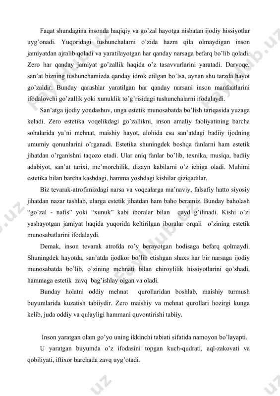 qo’yish kerak. i-bob. o’zbekiston tasviriy san’ati. tasviriy san’at inson hayotida, uning axloqiy tarbiyasiga ta’sir etuvchi muhim omillardan biridir. insonning his qilish, san’at ob’ektidan hissiy lazzatlanish xususiyatlarini shakllantirishda san’atning yo’naltiruvchi asosiy kuchini ko’ramiz. v.a.suxomlinskiy – bolalar tarbiyasi to’g’risida juda ko’p foydali fikrlar berib ketgan. bolalarni hissiy tarbiyalash estetik-axloqiy madaniyatli etib tarbiyalash go’zallikni seza olish, g’abul qilish bilishni shakllantirish kerak. qilgan ishidan zavqlanish, san’atni tushunish va his qilish, hamda bolalarni san’at asarlarini sevishga o’rgatish, tabiatni muhofaza qilish tabiatdan zavq olish kabi hislatlarni takomillashtirish lozim. har bir odam go’zallikni ko’ra bilish, his qilishi, zavqlana olishi ma’naviy tarbiyaning asosidir. insonning intilishi uning dunyoqarashini shakllantiradi. ma’naviy tarbiyada tasviriy san’atning tutgan rolini hech bir narsa bilan almashtirib bo’lmaydi. tushunib etish, his qilish orqali turli xil obrazlarni yaratamizki bu siymolar inson yuragiga diliga yo’l topadi. aqlini taajjubga soladi. badiiy didning o’sishi, ma’naviy qoniqish hosil qilishga, inson dunyoqarashining shakllanishiga sharoit yaratadi. ijtimoiy ko’tarinkilik, shaxsning ma’naviy-ma’rifiy bilimini, hayotda tutgan …