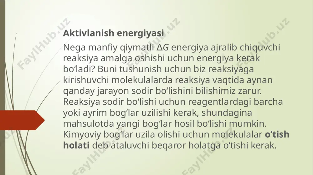 am beradi va muvozanat boshlang'ich moddalar tomoniga siljiydi; temperaturaning pasayishimuvozanatni reaksiya mahsulotlari tomoniga siljitadi. muvozanatning siljishiga bosimning ta’sirini aniqlash uchun tenglamaning chap va o'ng qismlaridagi molekulalar sonini hisoblab chiqish kerak. keltirilgan misolda tenglamaning chap qismida ikkita, o'ng qismida — bitta molekula bor. bosimning oshirilishi molekulalar soni kamayadigan jarayonga yordam berganligi uchun ushbu holda muvozanat reaksiya mahsuloti tomoniga siljiydi. ravshanki, bosimning kamayishi muvozanatni boshlang'ich moddalar tomoniga siljitadi. muvozanatni istalgan yo'nalishda siljitish le shatelye prinsipiga asoslangan bo'lib, kimyoda katta rol o'ynaydi. ammiak sintez qilish va sanoatdagi boshqa ko'pchilik jarayonlarda muvozanatni olinadigan mahsulot unumdorligi katta bo'ladigan tomonga siljitish usullarini tatbiq etish tufayli amalga oshirilgan. etiboringiz uchun raxmat image1.png