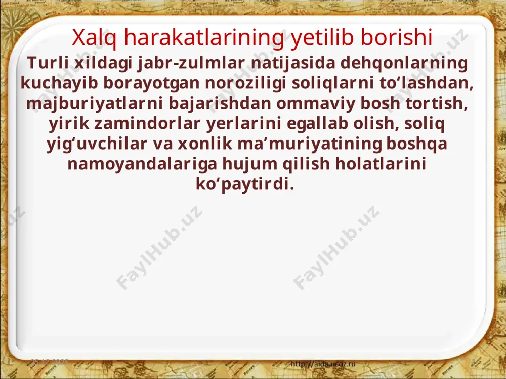 lohotlar uchun kurash 27.08.2020 9 xalq qo‘zg‘olonlari xonlikda ijtimoiy-siyosiy harakatlar rivojlanishiga kuchli ta’sir o‘tkazdi. mamlakatdagi yalpi noroziliklar ta’siri ostida jadidchilikning xiva xonligidagi ko‘rinishi, yosh xivaliklar harakati vujudga keldi. xiva xonligining tugatilishi 27.08.2020 10 muhammad rahimxon ii vafot etgach, podsho hukumati yordamida taxtni uning o‘g‘li asfandiyorxon (1910-1918) egallaydi. muhammad rahimxon ii petro-aleksandrovskda turgan rossiya harbiy kuchlari madadiga ishonib, yangi xon islohotlar o‘tkazdi, ishni zulmni kuchaytirish va muxolafatni to‘liq mahv etishdan boshladi. 27.08.2020 11 1913-yilda u islohotchilar rahnamolaridan biri, mamlakat bosh vaziri islomxo‘jani davlat mablag‘larini o‘zlashtirishda ayblab o‘ldirtiradi. islomxo‘ja 1917-yil 26-apreldagi majlisning birinchi sessiyasida 30 nafar xivalik deputat va turk-manlardan 7 nafar vakil ishtirok etdi. majlis vazirlar kengashini sayladi. 27.08.2020 12 yosh xivaliklar rahnamolari hibsga olinib, ulardan bir qismi otib tashlandi. 27.08.2020 13 lekin bu voqealarga yangi bir kuch – turkman urug‘laridan birining sardori junaidxon aralashdi. 1918-yil yanvarda 1,5 ming kishilik otliq otryad bilan u xivani, keyin esa xonlikning boshqa tumanlarini egallab …