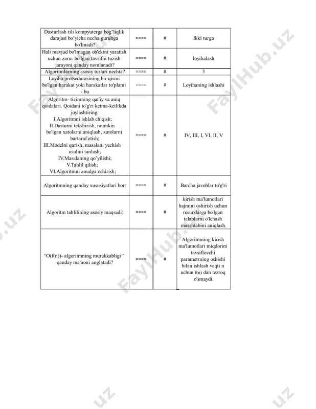 lgan tavsifni tuzish jarayoni qanday nomlanadi? ==== # loyihalash algoritmlarning asosiy turlari nechta? ==== # 3 loyiha protsedurasining bir qismi bo'lgan harakat yoki harakatlar to'plami - bu ==== # loyihaning ishlashi algoritm- tizimning qat'iy va aniq qoidalari. qoidani to'g'ri ketma-ketlikda joylashtiring: i.algoritmni ishlab chiqish; ii.dasturni tekshirish, mumkin bo'lgan xatolarni aniqlash, xatolarni bartaraf etish; iii.modelni qurish, masalani yechish usulini tanlash; iv.masalaning qo’yilishi; v.tahlil qilish; vi.algoritmni amalga oshirish; ==== # iv, iii, i, vi, ii, v algoritmning qanday xususiyatlari bor: ==== # barcha javoblar to'g'ri algoritm tahlilining asosiy maqsadi: ==== # kirish ma'lumotlari hajmini oshirish uchun resurslarga bo'lgan talablarni o'lchash masshtabini aniqlash. “o(f(n))- algoritmning murakkabligi " qanday ma'noni anglatadi? ==== # algoritmning kirish ma'lumotlari miqdorini tavsiflovchi parametrning oshishi bilan ishlash vaqti n uchun f(n) dan tezroq o'smaydi. go’rner sxemasi - bu ==== # f (x) ko'phadning qiymatini x = x0 ma'lum qiymatida ko'phadni birhadlarga (birinchi darajali ko'phadlarga) bo'lish orqali hisoblashni soddalashtirish algoritmi. …