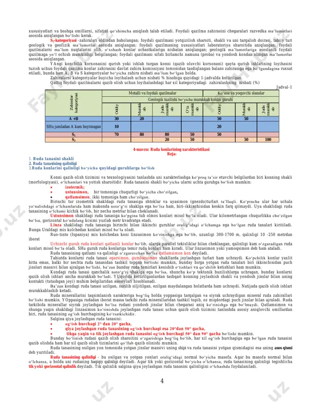 m. shaxtani 4x1,5m o‗lchamda, chuqurligi 6m bo‗lgan o‗ra shtrek bilan bog‗lagan , tog‗ jinslarini buxoro bug‗isining mugizidan yasalgan qurol bilan qazib olishgan. bronza davriga kelib ruda qazib olish ishlari yo‗lga qo‗yilgan , ulardan margumush, surma eritmalari va mis asosida boshqa qotishmalar olingan. nodir metallar (feruza) qazib olish eramizdan oldingi 1-ming yilliklardan boshlangan. shu davrdan boshlab qalay va magnetit-gematit rudalarini eritib qalay va temir ajratib olingan. 19-20 asrga kelib foydali qazilmani qazib olish turlari kengayib maxsus metall eritish markazlari paydo bo‗la boshlagan. konchilik ishini maksimal rivojlangan davri xx asrlarga to‗g‗ri kelgan. chotqol, qurama, nurota tog‗larida, qoramozor tog‗i atrofida, farg‗onada sultonuiz tog‗ida 10 mingdan ortiq konchilik uyushmalari ishlagan, shu jumladan, "lashkerak", "konjal", "tabashor", "konsoy", "konimansur", "aqtepa", "rizak"; oltin konlaridan "qizilolma", "ko‗chbuloq-tog‗berdi", "qaykar", "chadoq"; polimetal "axangaraut"; mis konlaridan "aktau", "shayxjeli"; qo‗rg‗oshin "uchquloch", "ilanchik"; feruza koni "ungurlikon" va boshqalar. bulardan 2 tashqari mis kuporosi, simob, qalay, surma, ko‗mir, nashatir, oltingugurt, bo‗yoq minerallari, kvars va …