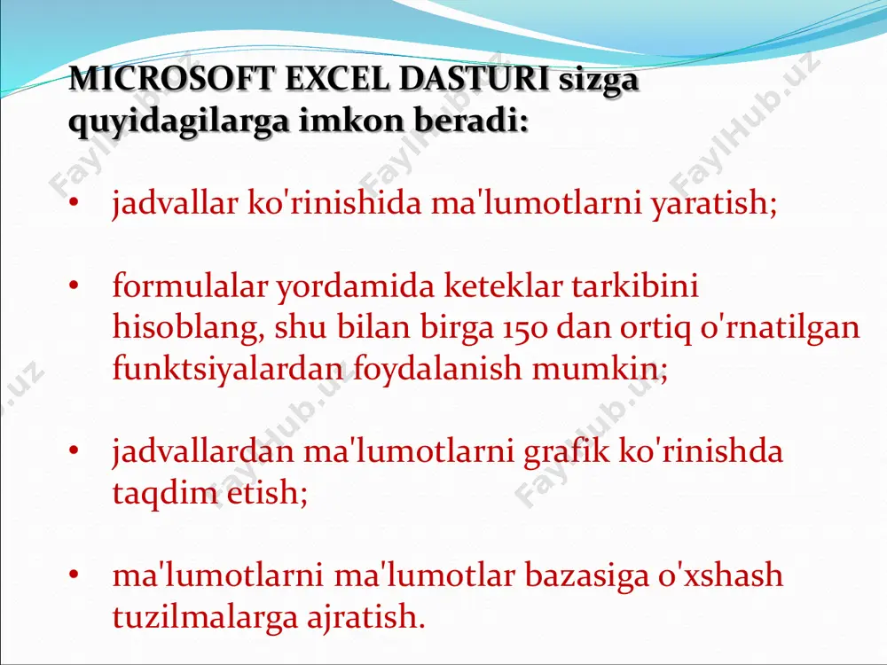 h uchun tugmasini bosing. o’tishlar kataklar orasida: - kursorni boshqarish tugmalari - kursor (sichqoncha) - enter tugmasi varaqlar orasida: - varaq yorlig'ini bosing - gorizontal aylantirish tugmalari ma'lumotlar bilan ishlash hujayra tanlash va kiritish yoki katakchani tanlash, kursorni formulalar qatoriga qo‘yish va kiritish kirishni bekor qilish kiritishni qabul qilish мастера функций chaqirish изменение шрифта и выравнивание меню главное или вкладка шрифт задание разделительных линий изменяет активную ячейку или выделенную область задание цвета фона ячейки и шрифта изменяет активную ячейку или выделенную область saqlash ma'lumotni faylga saqlash uchun fayl - saqlash (boshqacha saqlash) buyrug'ini tanlang. (kengaytma sukut bo'yicha *.xls sifatida belgilanadi). сортировка форматы данных главное – ячейка – формат – формат ячейки изменение разрядности: главное - число ko’chirish , yoki sichqoncha oraqli , yoki sichqoncha oraqli заполнение рядов кнопка автосумма команда меню создаваемая формула назначение суммировать сумм(адрес_диапазон) сумма всех чисел диапазона среднее значение срзнач(адрес_диапазон) среднее арифметическое число счет(адрес_диапазон) количество чисел максимум …