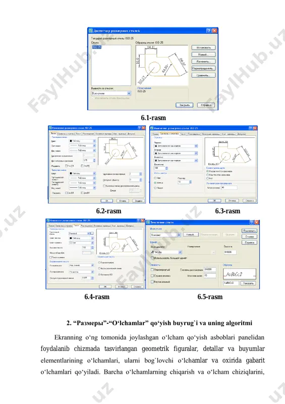 qo‘yish asboblari panelidan foydalanib chizmada tasvirlangan geometrik figuralar, detallar va buyumlar elementlarining o‘lchamlari, ularni bog`lovchi o‘lchamlar va oxirida gabarit o‘lchamlari qo‘yiladi. barcha o‘lchamlarning chiqarish va o‘lcham chiziqlarini, hamda o‘lcham qiymatlarini kompyuterning o‘zi avtomatik hisoblab chizmaga yozib qo‘yadi. shuning uchun, o‘lchamlarni chizmada ko‘rinimli bo‘lishini hisobga olgan holda joylashtiriladi. agar, unga erishishni iloji bo‘lmasa, «dispetcher razmernыx stiley» darchasidan «izmenenie razmernogo stilya: iso- 25» qayta kirib, undaga «razmeshenie» qo‘yilma-«vkladka»sini yuklab, «podgonka elementov»dagi «razmeshenime teksta vruchnuyu» buyrug`i yuklanadi va o‘lchamlarning chizmadagi joylarini o‘zgartiri, ularning qo‘yilishini ko‘rinimli bo‘lishiga erishiladi. chizmada gorizontal va vertikal chiziqli o‘lchamlar, o‘lchamlar panelidagi tugmani, qiya joylashganlari esa, tugmani yuklab qo‘yiladi. chizmada biror nuqtaning x yoki y koordinatalarini ko‘rsatish lozim bo‘lsa, tugmani yuklab qo‘yiladi. aylana yoyining radiusi va aylana diametri tegishlicha, tugmalardan, hamda burchak o‘lchamlar, tugmadan foydalanib qo‘yiladi. agar, biror sabab bilan o‘lcham ko‘rsatkichlarini o‘zgartirish kerak bo‘lsa, o‘lchamlar panelidagi oxirgi tugmasini yuklab, ekranga dastlabki «dispetcher razmernыx stiley» darchasini chaqirish ham mumkin. agar, …