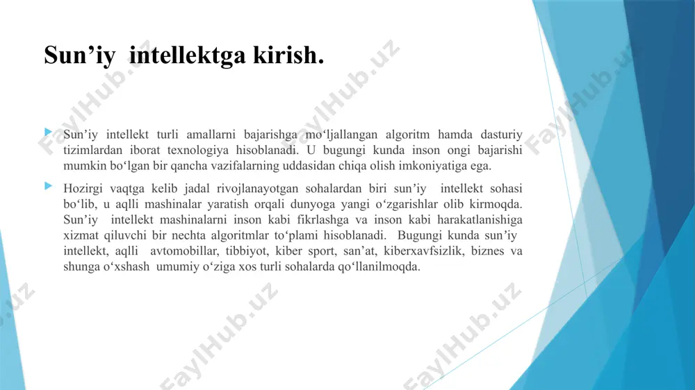n tilida tarjima qila oladigan, suhbatlashadigan va inson darajasida fikr bildira oladigan kompyuterlarni yaratish edi. 1985-yilda asia konferensiyasida aaron deb nomlanuvchi avtonom chizmachilik dasturi namoyish etildi. 1986-yilda ernst dikmann va uning myunxendagi bundesver universitetidagi jamoasi birinchi haydovchisiz avtomobilni (yoki robot avtomobil) yaratdi va namoyish qiladi. sunʼiy intellektning rivojlanishdan toʻxtash davri (1987-1993). sunʼiy intellekt atamasi foydalanuvchi, jamoatchilik va xususiy sunʼiy intellekt bilan shugʻullanuvchi kompaniyalarga nisbatan past qiziqish davrini keltirib chiqaradi. xususiy investorlar ham, hukumat ham sunʼiy intellektga qiziqishi kamaydi va yuqori xarajat va past daromadlilik tufayli moliyalashni toʻxtatadi. 1987-yilda lisp-ga asoslangan ixtisoslashtirilgan apparat vositalari bozori, ibm va apple tomonidan taklif qilinadigan arzonroq va qulayroq raqobatchilar tufayli qulab tushdi. bu koʻplab ixtisoslashgan lisp kompaniyalarini bankrot yoqasiga olib keladi. 1988-yilda rollo karpenter ismli kompyuter dasturchisi jabberwacky chatbotini ixtiro qildi, u odamlarga qiziqarli suhbatlar berish uchun dasturlashtirgan edi. sunʼiy intellekt 1993-yildan 2011-yilgacha boʻlgan davr. 90-yillarning boshlarida sunʼiy intellekt boʻyicha tadqiqotlar, jumladan, amaldagi jahon chempioni …