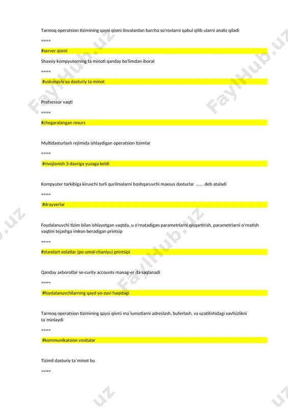 icrosoft unix operatsion tizimi qachon yaratilgan ==== # 1960 unix operatsion tizimi qaysi laboratoriyada ishlab chiqilgan ==== # at&t's bell laboratories quyidagilardan qaysi biri unix serverga o'xshash server operatsion tizim hisoblanadi ==== # solarius, linux quyidagilardan qaysi biri linux serveri hisoblanadi ==== # ubuntu, debian, centos ubuntu server qaysi kompaniya tamonidan ishlab chiqilgan ==== # canonical ubuntu server qaysi kompaniya tamonidan ishlab chiqilgan ==== # canonical windows operatsion tizimida buyruqlar qatorini (cmd) qaysi klavishlar yordamida bosiladi ==== # win + r operatsion tizim nima ==== # operatsion tizim bu foydalanuvchi va kompyuter o'rtasidagi muloqatni ta'minlab beruvchi dasturlar jamlanmasi operatsion tizim asoson ... ==== # tizimli dasturlar jamlanmasi operatsion tizimda hisoblash tizimining tarkibi bu ==== # konfiguratsiya quyidagilardan qaysi biri operatsion tizimning asosiy tashkil etuvchilari hisoblaniladi ==== # yadro, kiritish-chiqarish tizimi, kamanda prosessori, fayl tizimi operatsion tizimning asosiy tashkil etuvchisi yadro bu ==== #masalalar va resurslarni boshqarish, sinxronlashtirish va o’zaro bog’lanish …