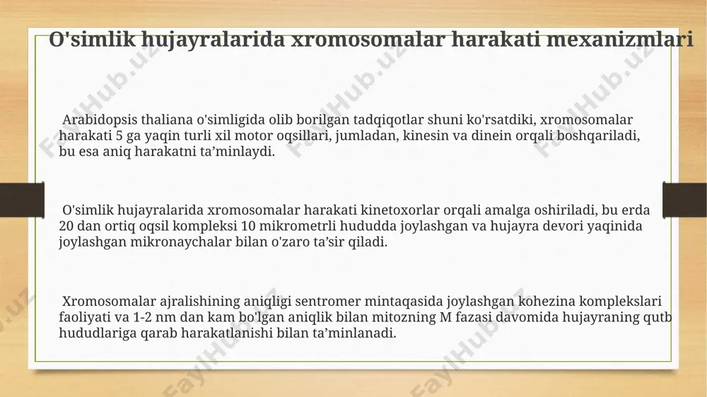 romosomalar ajralishida ishtirok etadigan oqsillar arabidopsis thaliana o'simligida o'tkazilgan tadqiqotlar shuni ko'rsatdiki, 100 ga yaqin separaz oqsillari xromosomalar ajralishini tartibga soladi va bu jarayonning aniqligi uchun muhim hisoblanadi. kinetoxorlar tarkibiga kiruvchi ndc80 kompleksining 4 ta oqsil subbirligi (ndc80, nuf2, spc24 va spc25) xromosomalarni mikrotubulalarga bog'lash va ularning xromosoma harakatini ta'minlashda muhim rol o'ynaydi. xromosomalar ajralishida 50 dan ortiq turdagi kinazalar ishtirok etadi, ularning faolligi hujayra siklining turli bosqichlarida, masalan, metafaza va anafazada, o'zgaruvchan bo'ladi. meyoz va mitozdagi xromosomalar ajralishi meiozda, diploid hujayralar (masalan, 2n=46 xromosoma bilan odam hujayrasiga o'xshash) ikkita haploid hujayraga (n=23) bo'linadi, bu jarayon 2 bosqichda, meyoz i va meyoz ii da sodir bo'ladi. meioz va mitozdagi xromosomalarning ajralishi, braziliya amazonkasidagi o'simlik turlarining genetik xilma-xilligini saqlashda muhim rol o'ynaydi, chunki bu jarayonlar o'simliklarning ko'payishi va evolyutsiyasi uchun zaruriy shartdir. mitotda esa, 46 xromosomali somatik hujayra ikkita genetik jihatdan bir-biriga o'xshash 46 xromosomali hujayraga bo'linadi; bu jarayon somatik hujayralarning …