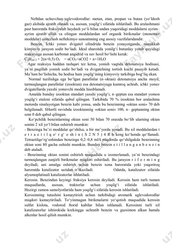 i ltingugurtli, 2 % dan ortiq oltingugurt saqlovchi – ko‘p oltingugurtli, 1,5 % gacha alkan saqlovchi kam alkanli 1,51 dan 6 % gacha alkan saqlovchi–alkanli, 6 % dan ko‘proq alkan saqlovchi ko‘p alkanli neftlarga bo‘linadi. turli konlardan qazib chiqariladigan neftning kimyoviy tarkibi turlicha bo‘ladi. uning asosiy tarkibini metandan tortib to molekulasida 50 tagacha uglerod atomi bo‘lgan juda murakkab uglevodorodlar tashkil etadi. siklopentan va siklogeksan hosilalari neftda ko‘p uchraydi. ba’zi neftlar, masalan kaliforniya, borneo oroli va maykop neftlari aromatik uglevodorodlarga boyroq bo‘ladi. neftda oz miqdorda oltingugurt, azot va kislorod uchraydi. neftni oltingugurtdan tozalash muxim ahamiyatga ega chunki neft ishlatilayotganda undagi oltingugurt oksidlanib, kislota hosil qilishi va bu kislota metallni zanglatib ishdan chiqarishi mumkin. neftdan uchuvchan uglevodorodlar: metan, etan, propan va butan (yo‘ldosh gaz) alohida ajratib olinadi va, asosan, yoqilg‘i sifatida ishlatiladi. bu aralashmani past haroratda fraksiyalab haydash yo‘li bilan undan yuqoridagi moddalarni ayrim– ayrim ajratib olish va olingan moddalardan sof organik …