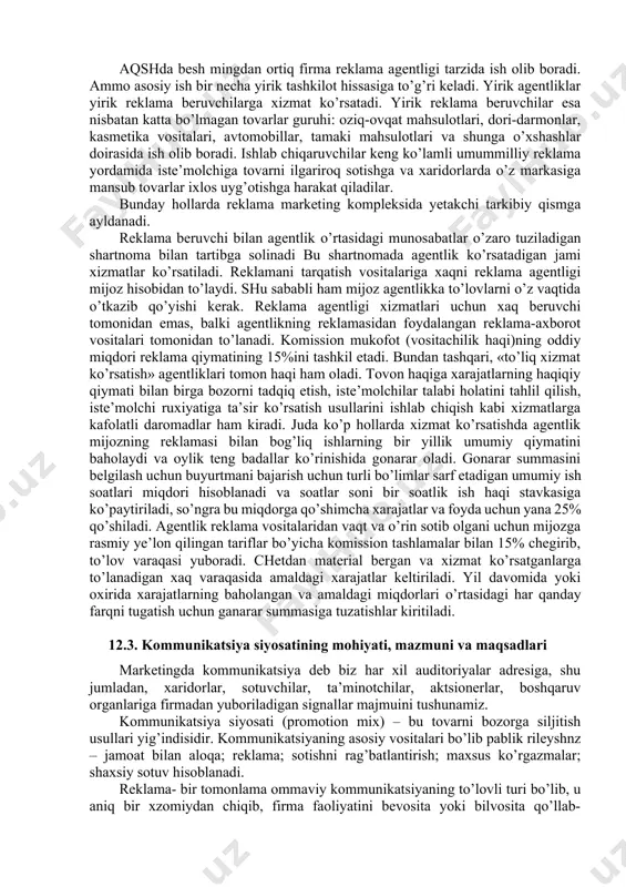 ’tkazish zarur. shuningdek, ko’rgazma va yarmarkalar marketing va reklamaning samarali vositalari sanaladi. ko’rgazma va yarmarkalarning eng yaxshi tomoni - xaridorlarga tovarni uning haqiqiy kiyofasida taqdim etish imkoniyati borligidadir. ko’rgazma ham, yarmarka ham tijorat-tomosha tadbirlari hisoblanadi. ularning o’rtasidagi farq shundan iboratki, ko’rgazma istalgan shaharda har xil sabablar bilan, hatto tovarsiz tashkil etish mumkin. yarmarka esa kat’iy sur’atda va muntazam ravishda bir joyda o’tkaziladi. bundan tashqari, ko’rgazma garchi unda bitishuvlar o’tkazilgan bo’lsa ham o’z ruxiga ko’ra asosan ma’rifiy-targ’ibot yo’nalishiga ega, ko’p hollarda unda «kelajak tovarlari» ham namoyish qilinadi. yarmarka esa birinchi navbatda tijorat yo’nalishi bilan ajralib turadi, unda hali talabdan qolmagan «eski» tovarlar ham bo’lishi mumkin. 12.2. xaridorlarga va sotuvchilarga ta’sir etish uslublari sotuvchi uchun ko’rgazma va yarmarkaning ahamiyati birinchi navbatda o’z raqiblari tovarlarini o’rganish imkoniyatiga ega bo’lishi va turli reklama vositalaridan foydalanib, o’z tovarlarini keng reklama vositalaridan foydalanib, o’z tovarlarini keng reklama qilishi bilan belgilanadi. reklama va tovar sotishni rag’batlantirish tadbirlarini …