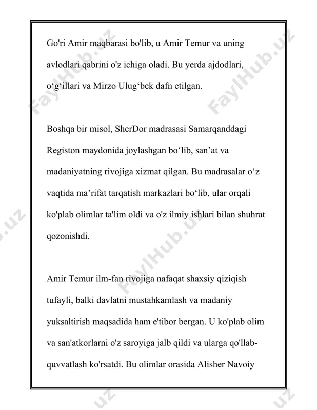 sosiy qo'llanma bo'lib xizmat qilgan. buxoro esa temuriylar davrida muhim diniy va ma'rifiy markaz sifatida tanilgan. shaharda ko'plab madrasa va masjidlar qurilgan bo'lib, ulardan biri - ulug'bek madrasasi bo'lib, u 1417 yilda barpo etilgan. ulug'bek madrasasi o'z davrida ilmlarni chuqur o'rganuvchi o'qituvchilar va talabalar uchun ilmu ma'rifat maskani bo'lib xizmat qilgan. temuriylar davrida buxoroning me'moriy uslubi ham yuqori darajada rivojlangan. masalan, ismoil somoniy maqbarasi (ix-x asrlar) temuriylar davrida qayta rekonstruksiya qilingan va bu inshoot islom me'morchiligida yangi uslublarning kiritilishiga sabab bo'lgan. samarqand va buxoroda qog'oz ishlab chiqarish texnikasi ham rivojlangan edi. samarqand qog'ozi yuqori sifatli bo'lib, bu narsalar nafaqat o'rta osiyo madaniyatida, balki butun islom dunyosida keng tarqalgan. samarqand qog'ozi o'zining mustahkamligi va parlatilganligi bilan ajralib turgan va bu hududning jihatidan eng yuqori darajali mahsuloti kabilardan biri hisoblangan. shuningdek, temuriynoma yozuvi temuriylar davrining adabiy merosiga kiritilgan. "temur tuzuklari" nomi bilan mashhur bu asar temuriylar davlatining siyosiy, ijtimoiy va madaniy hayoti …