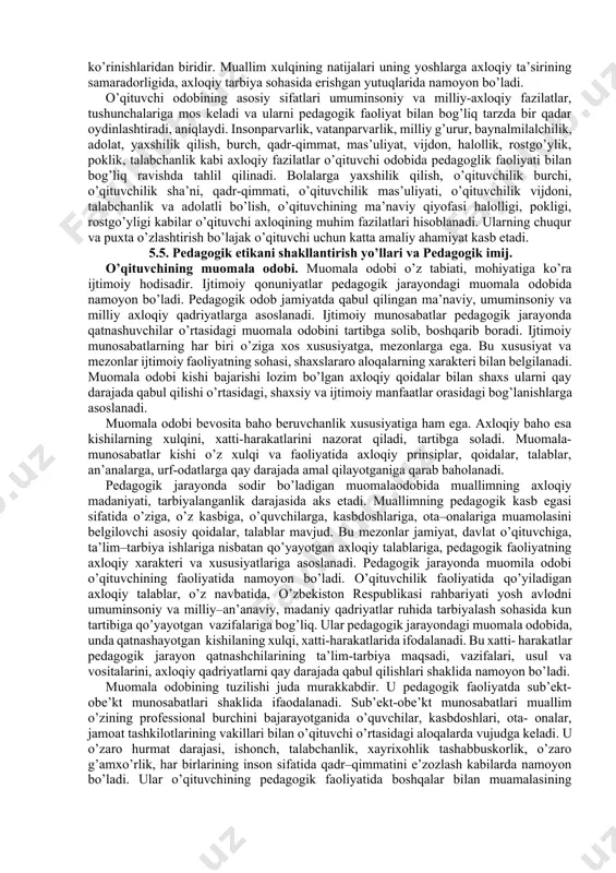 ahlilning ishga solinishi emotsional qizishni pasaytiradi. yaxshisi holatning murakkabligini tushunganligini ifoda etish (men sizning holatingizni tushunib turibman...), o’z holatini tushuntirish (shu meni o’ylantiryapti...) ya’ni hatti-harakatni darrov baholamang, oldin tug’ilgan vaziyatga bo’lgan munosabatingizni bildirishga harakat qiling. to’rtinchi qoida. maqsadni muvofiqlashtirish. ta’lim oluvchi bilan sizni birlashtiruvchi narsani tezroq anglash va uni ko’rsatish. beshinchi qoida. samarali echim borligiga ishonishingizni namoyish qiling. va nihoyat, konflikt hal qilinganidan so’ng uni tahlil qilib chiqing (sababi va oldini olish yo’llari). 5.4. pedagogik etika va pedagogik etiket. “pedagogik odob” tushunchasi va uning namoyon bo’lish xususiyatlari. odob deganda, rasm-taomil, xulq-odatlar majmui, ijtimoiy-iqtisodiy tuzum taqozosi bilan turmush sharoitining alohida tarzi, an’analari negizida odamlar o’rtasida paydo bo’lgan muomala-munosabatlarning xususiyatlari tushuniladi. odob kishilarning amaliy xatti-harakatlari, muomala-munosabatlari ham deb qaraladi. pedagog odobi umuminsoniy va milliy axloqning qonuniyatlari, vazifalari, tamoyillari, tushunchalari, talablari, mezonlarini ta’lim-tarbiya jarayonida oydinlashtirib, pedagogning ta’lim oluvchilar, kasbdoshlari, ota-onalar, ta’lim muassasasi rahbarlari bilan munosabatlarida namoyon bo’ladigan kasbiy-axloqiy xususiyatlari yig’indisidir. pedagog odobi eng …