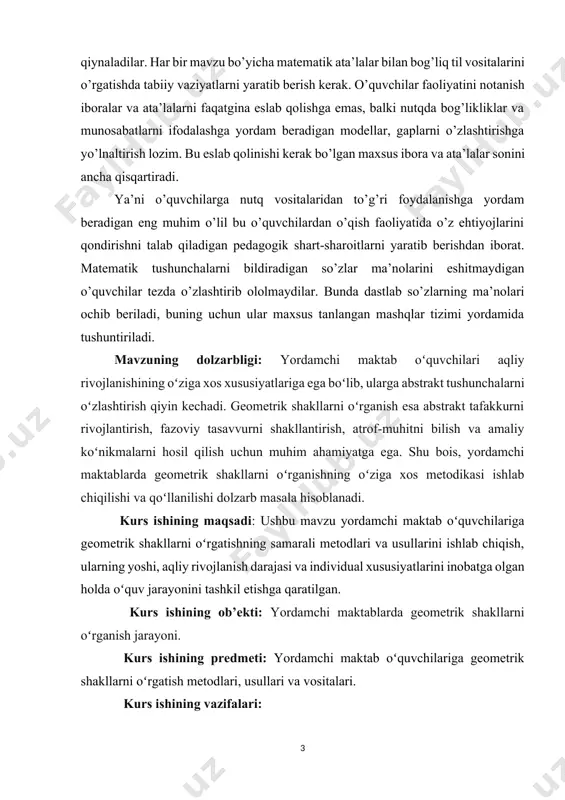 ometrik shakllarni oʻrganish esa abstrakt tafakkurni rivojlantirish, fazoviy tasavvurni shakllantirish, atrof-muhitni bilish va amaliy koʻnikmalarni hosil qilish uchun muhim ahamiyatga ega. shu bois, yordamchi maktablarda geometrik shakllarni oʻrganishning oʻziga xos metodikasi ishlab chiqilishi va qoʻllanilishi dolzarb masala hisoblanadi. kurs ishining maqsadi: ushbu mavzu yordamchi maktab oʻquvchilariga geometrik shakllarni oʻrgatishning samarali metodlari va usullarini ishlab chiqish, ularning yoshi, aqliy rivojlanish darajasi va individual xususiyatlarini inobatga olgan holda oʻquv jarayonini tashkil etishga qaratilgan. kurs ishining ob’ekti: yordamchi maktablarda geometrik shakllarni oʻrganish jarayoni. kurs ishining predmeti: yordamchi maktab oʻquvchilariga geometrik shakllarni oʻrgatish metodlari, usullari va vositalari. kurs ishining vazifalari: · ⦁ yordamchi maktab oʻquvchilarining geometrik shakllarni idrok etish xususiyatlarini oʻrganish. · ⦁ geometrik shakllarni oʻrgatishda qoʻllaniladigan anʼanaviy va zamonaviy metodlarni tahlil qilish. · ⦁ yordamchi maktab oʻquvchilariga geometrik shakllarni oʻrgatishning samarali metodik tavsiyalarini ishlab chiqish. · ⦁ geometrik shakllarni oʻrgatishda didaktik oʻyinlar, koʻrgazmali qurollar va boshqa oʻquv vositalaridan foydalanishning ahamiyatini aniqlash. · ⦁ …