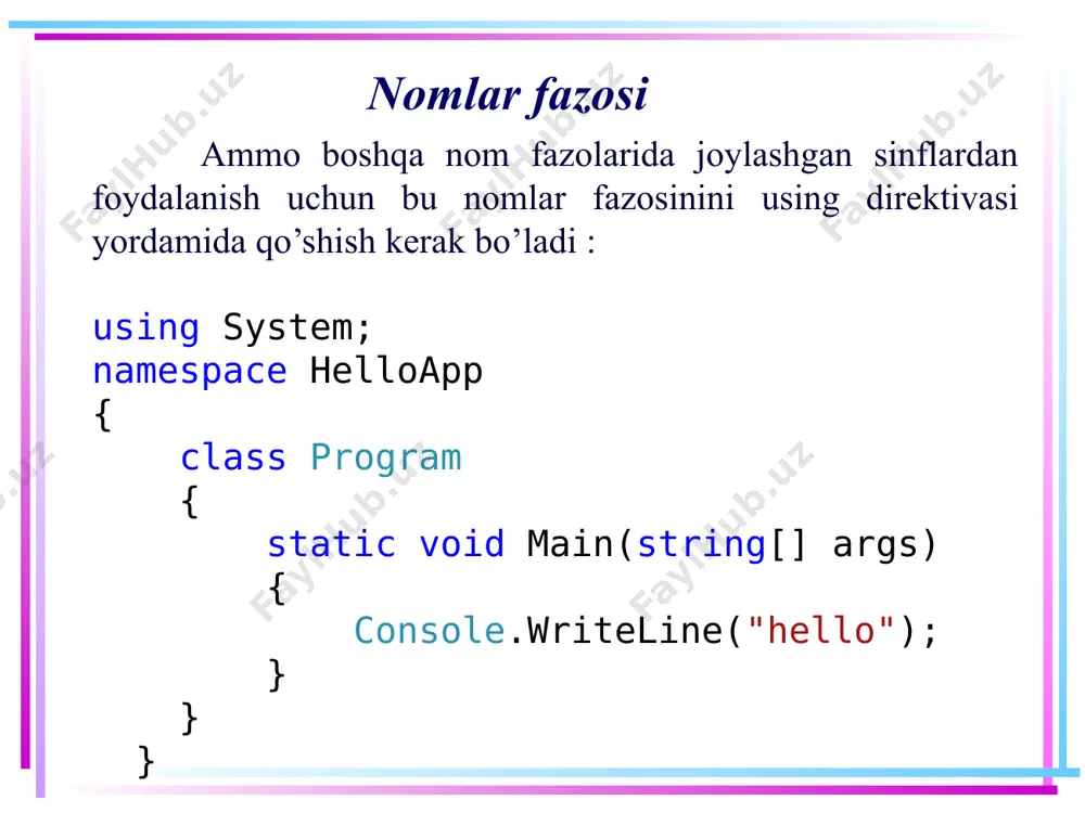 { class book { public int price; public string name; } } 19 пример (для каждого класса в c# создаем свой .cs файл) 4-qadam. book sinfini asosiy sinfda ishlatamiz c# program.cs fayilida kod yozamiz class program { static void main(string[] args) { // book sinfining ob'ekti yaratiladi book book1 = new book(); // qiymat beramiz book1.name = “otgan kunlar"; book1.price = 200; // book sinfining ob'ekti yaratiladi book book2 = new book(); // qiymat beramiz book2.name = “shaytanat"; book2.price = 300; } } 20 image1.jpeg image2.jpeg image3.jpeg /docprops/thumbnail.jpeg